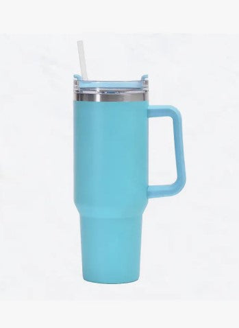 40 oz, Stainless Steel Tumbler with Handle, Straws Include-Aqua Blue