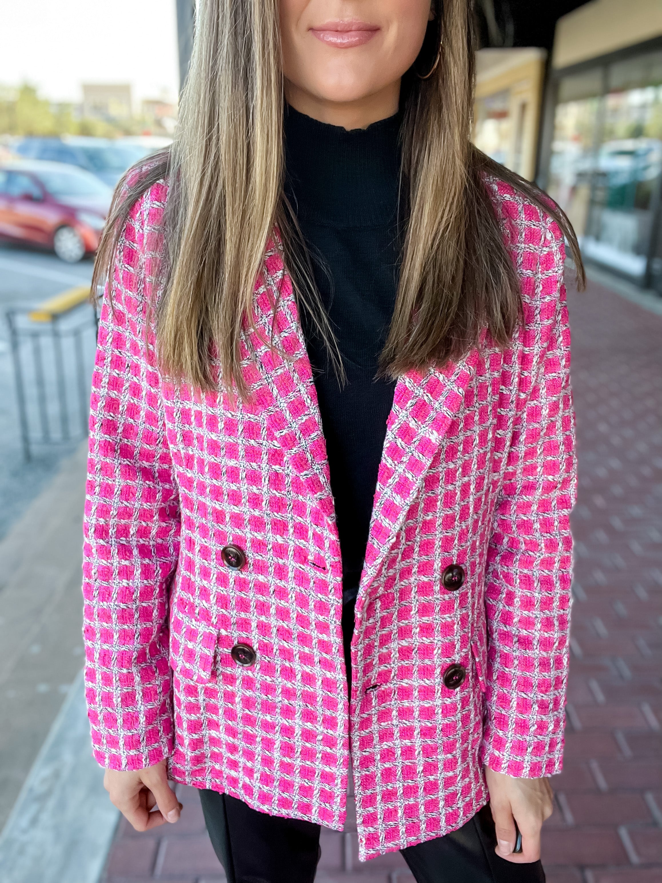 Pink Tweed Plaid Blazer