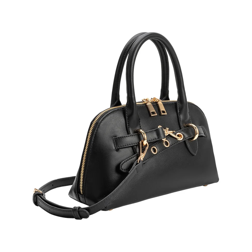 Rue Vegan Leather Top Handle Belted Bag-Black