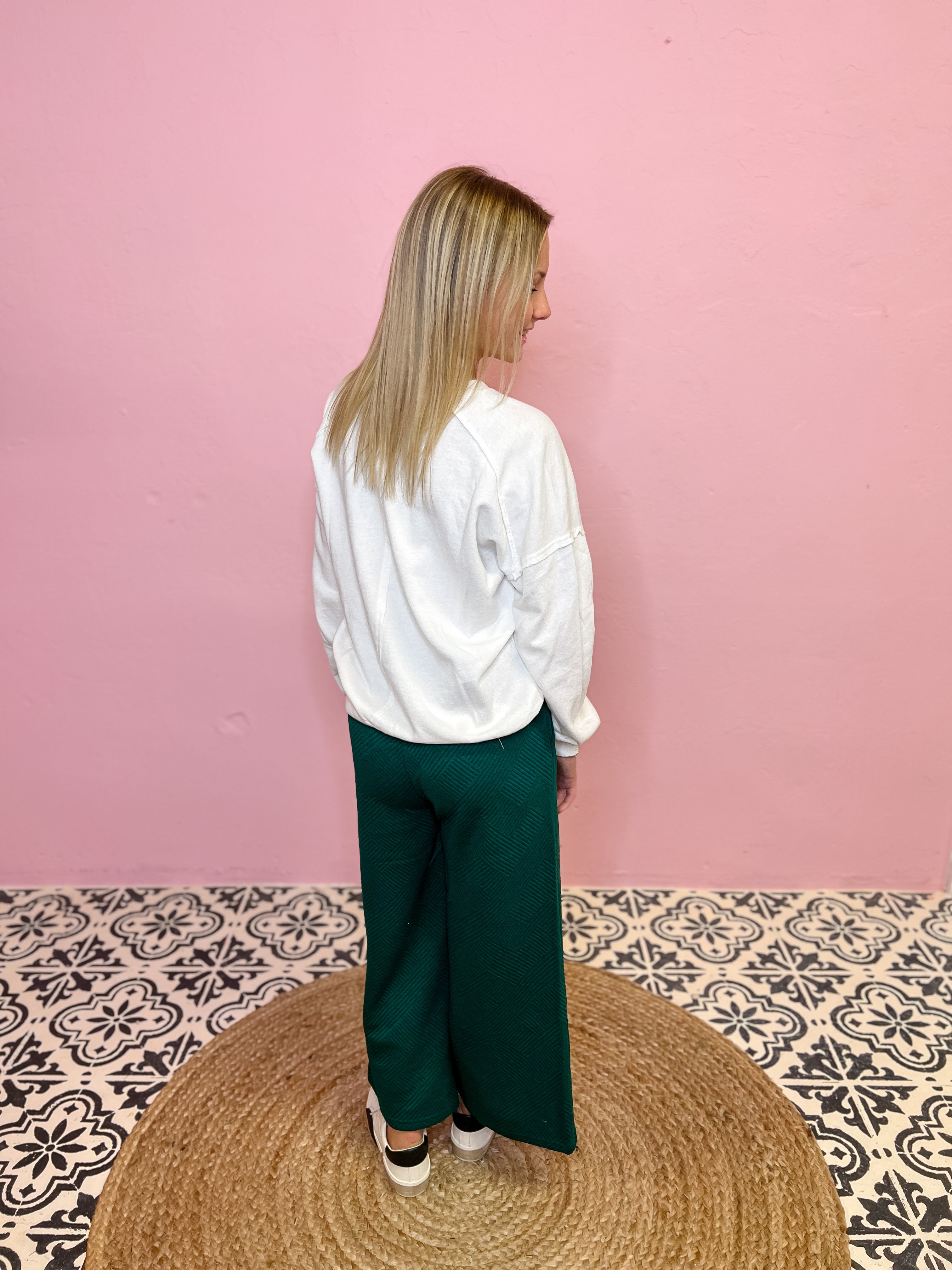 Textured Wide Cropped Pants - Forest