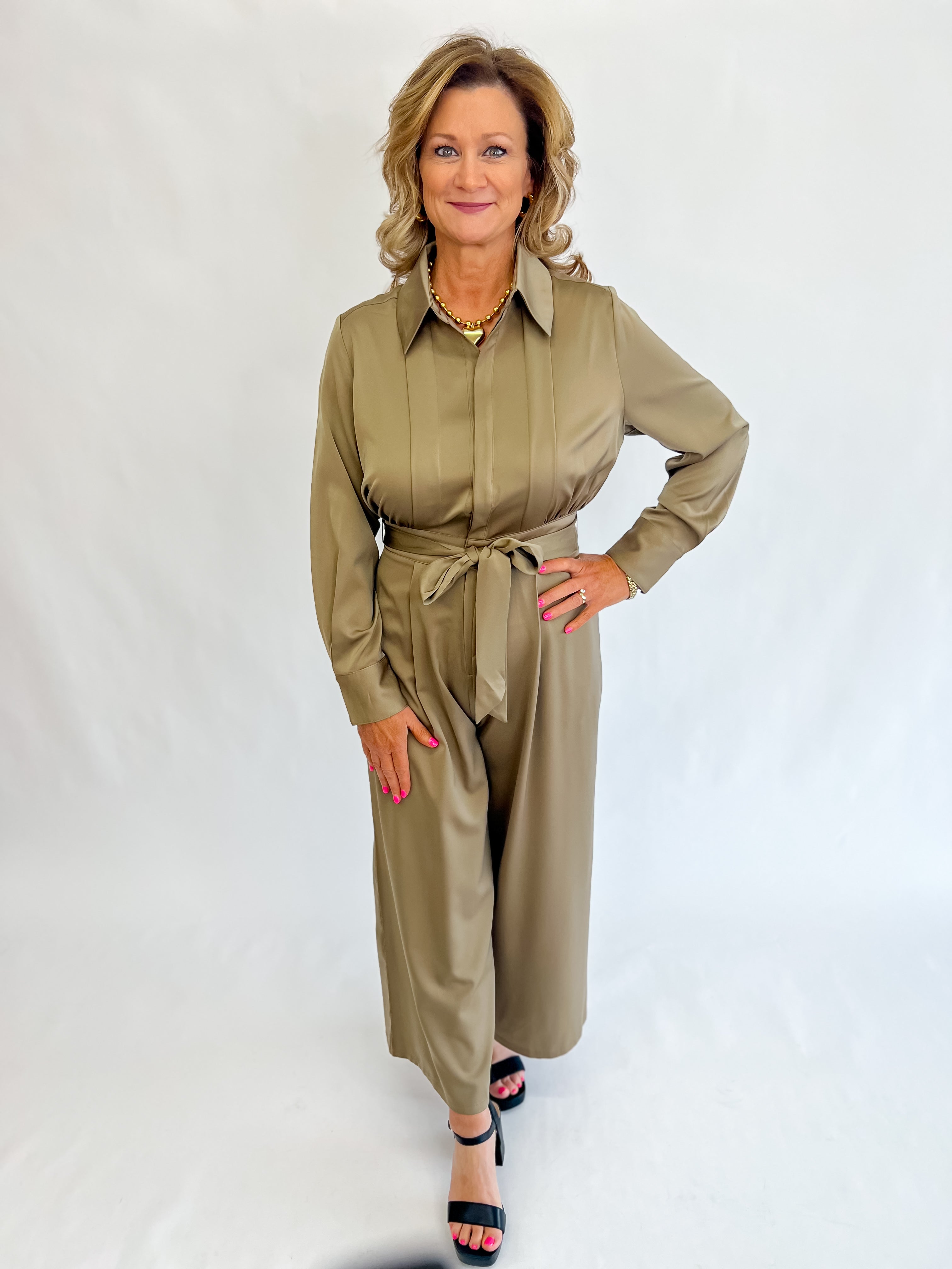 Satin Hidden Button Pleated Jumpsuit-Sage