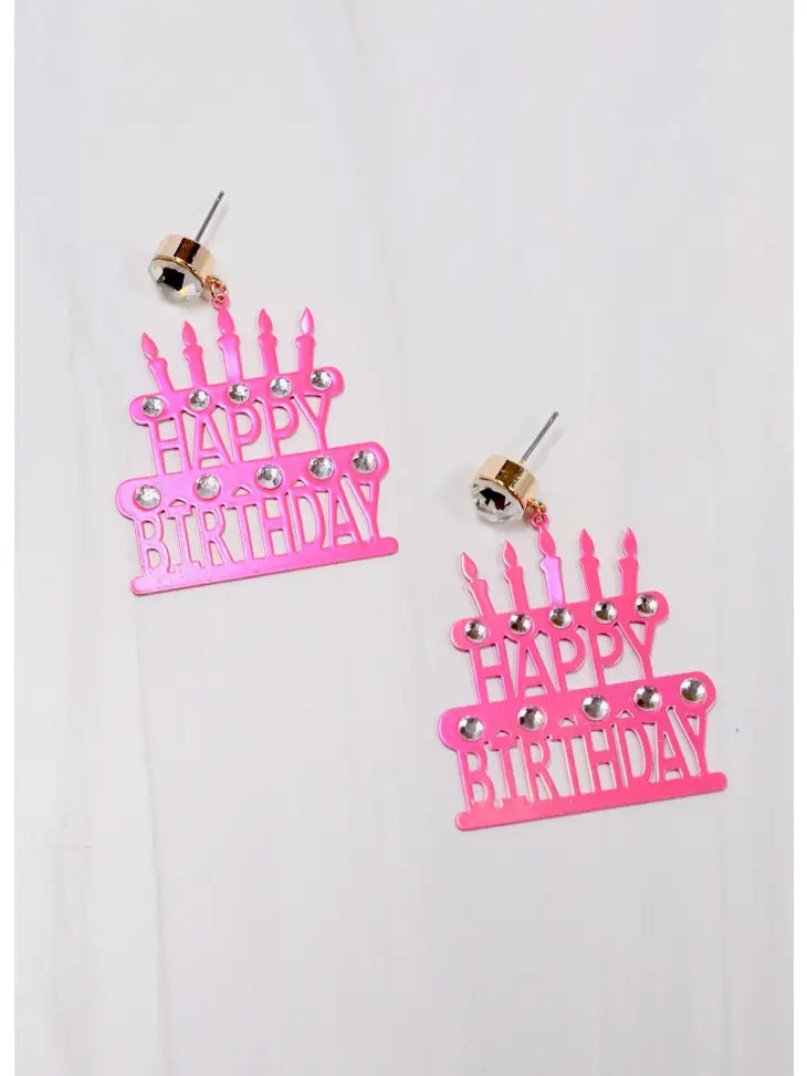 Happy Birthday Cutout Cake Earrings-Hot Pink