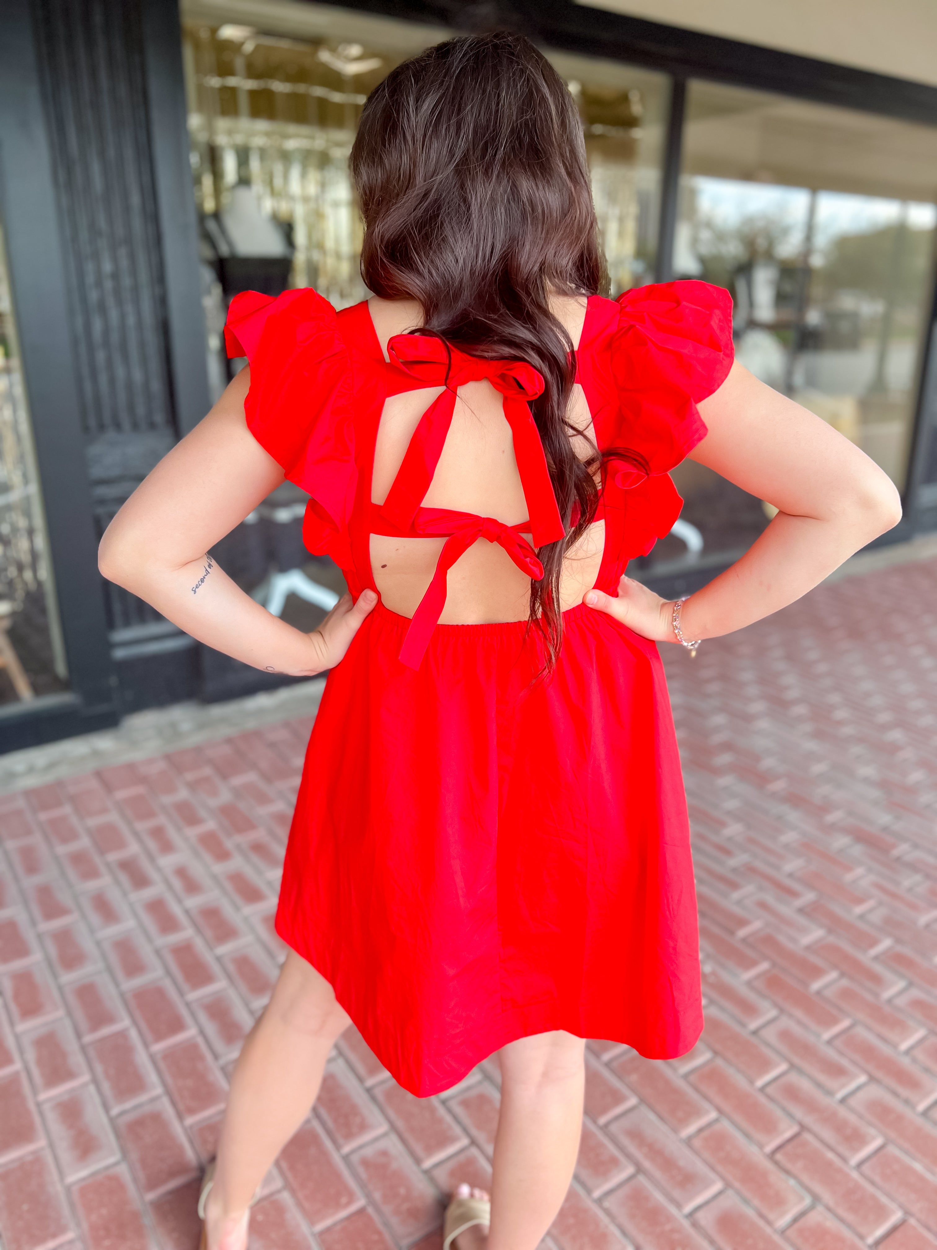 Ruffle Sleeve Mini Dress with Tie Back Detail-Red