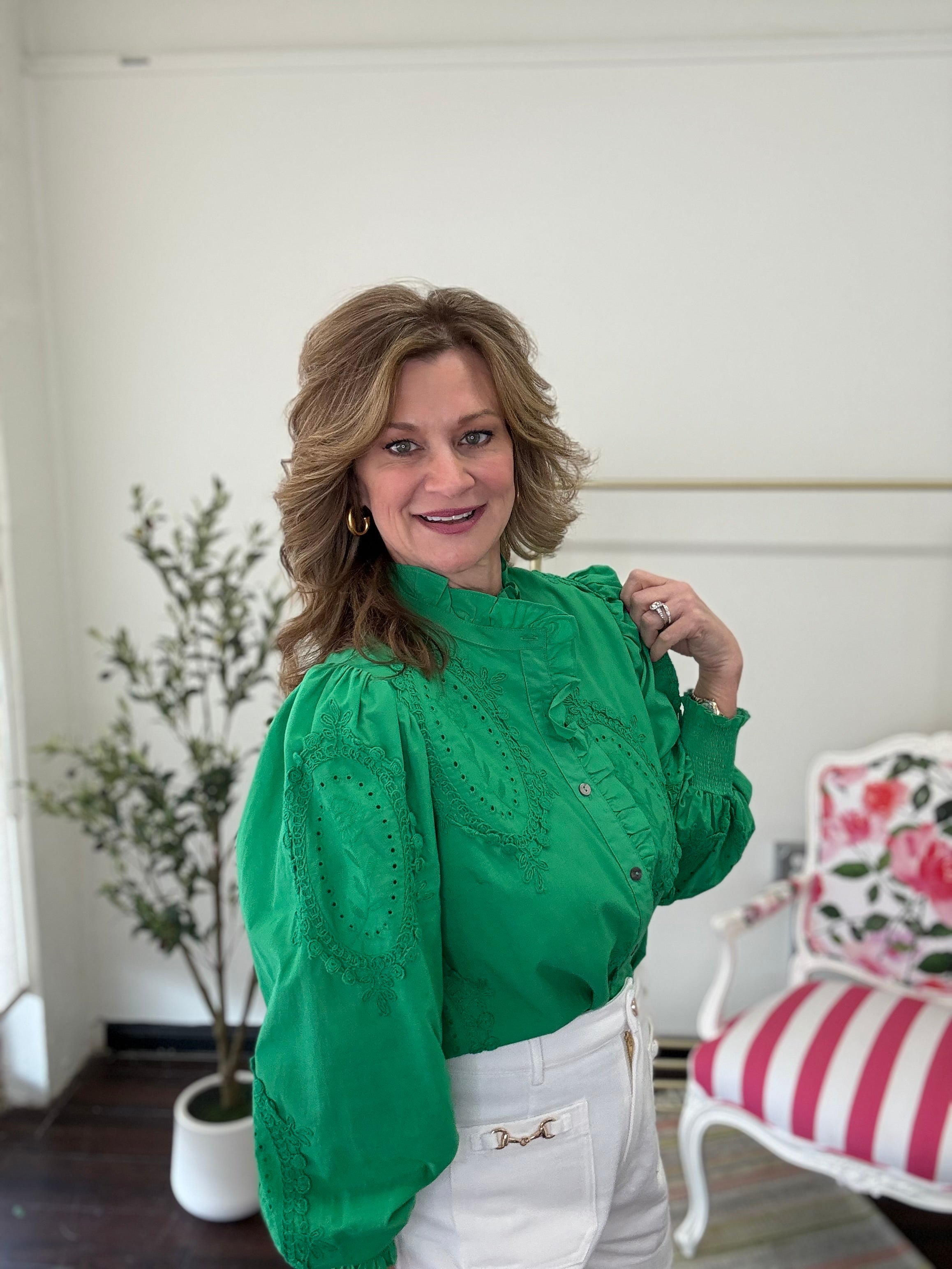 Grace Button Front Top- Green