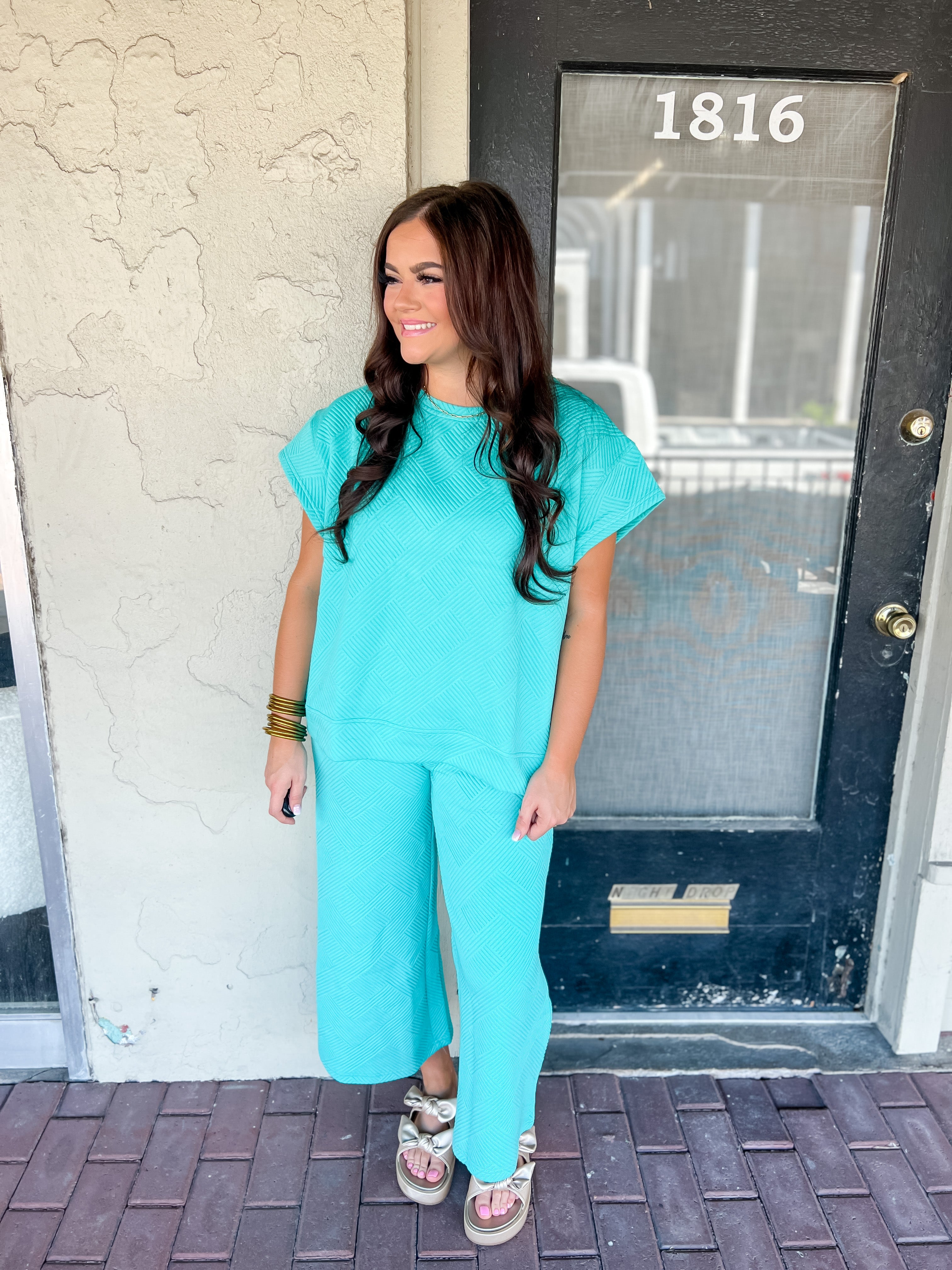 Textured Short Sleeve Turquoise Top
