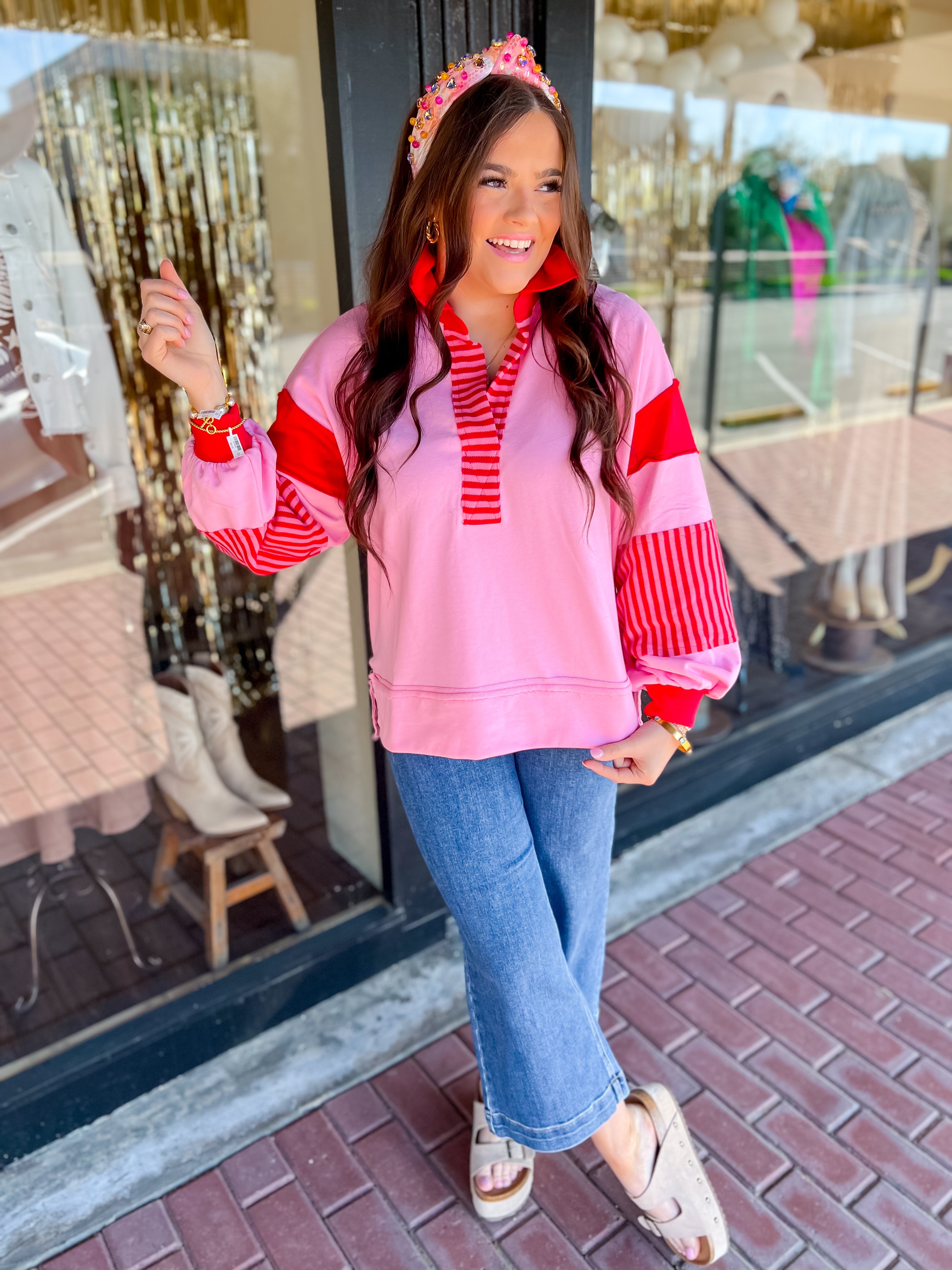[entro] Pink & Red Collared Pull Over Top