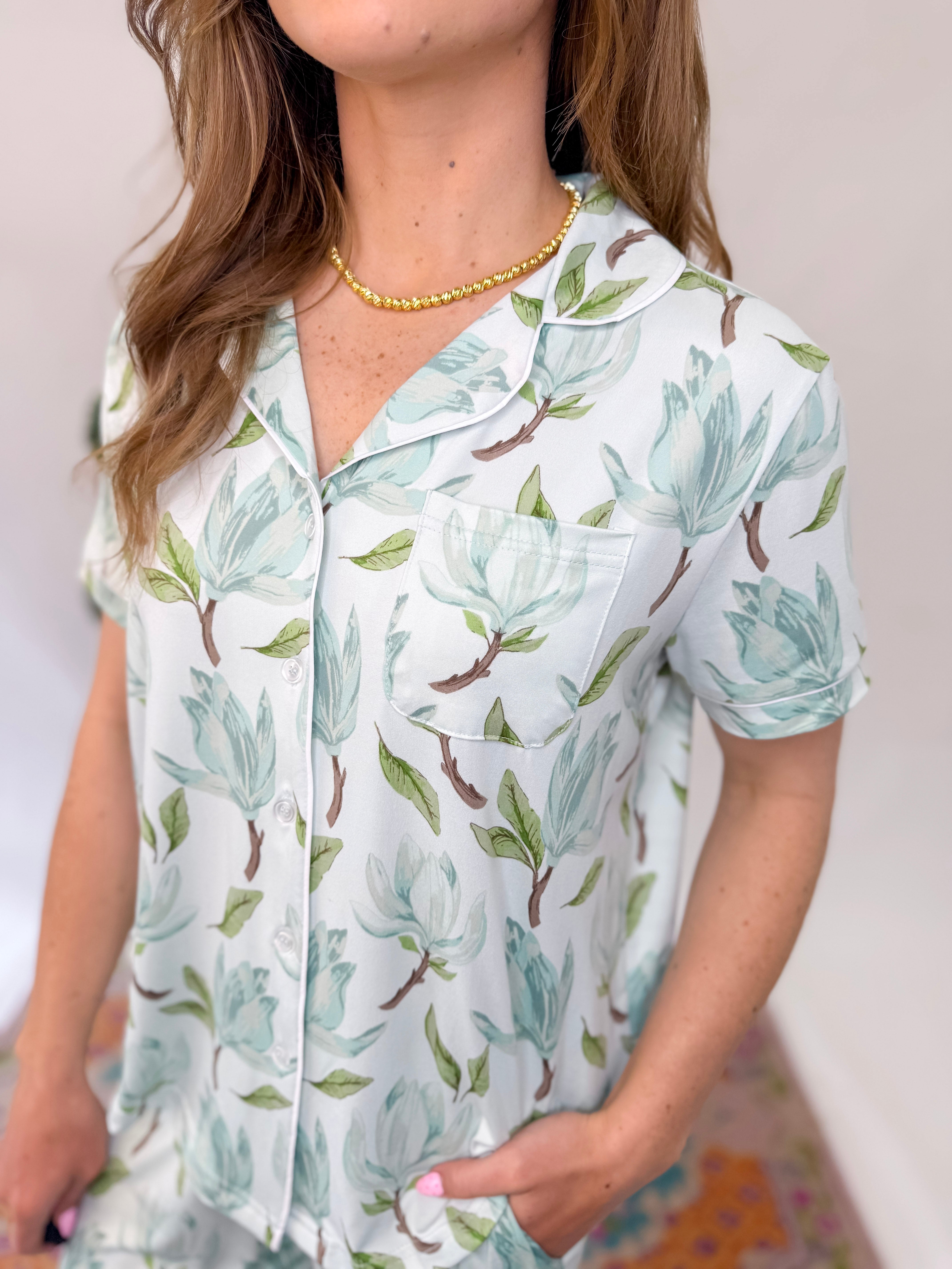 Audrey Short Sleeve Button Up Sleep Shirt  - Aqua