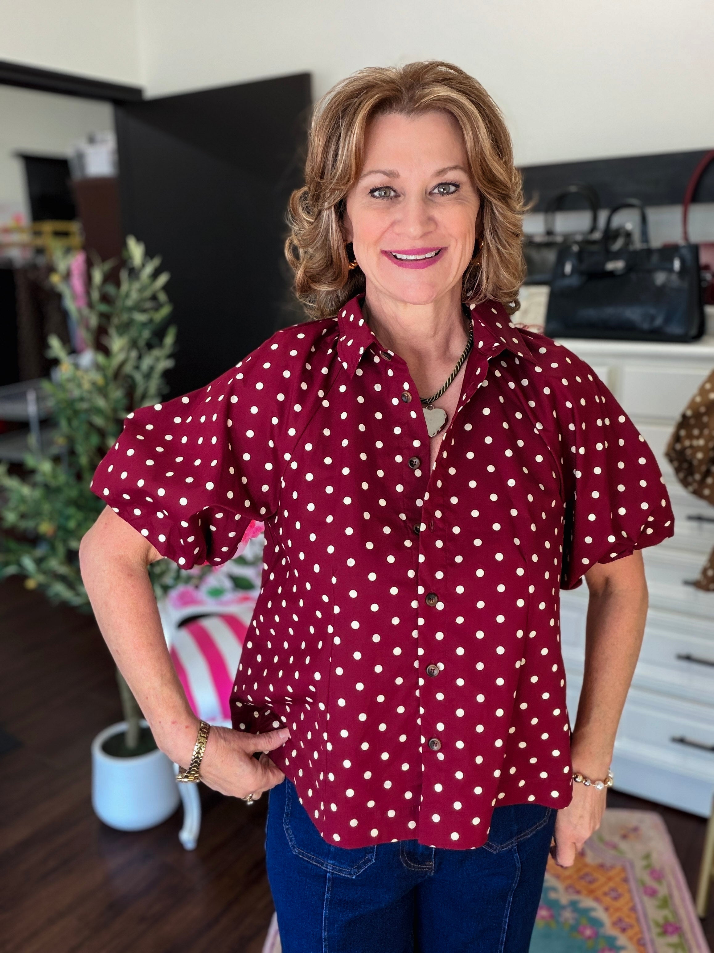 Polka Dot Puff Sleeve Top-Deep Wine