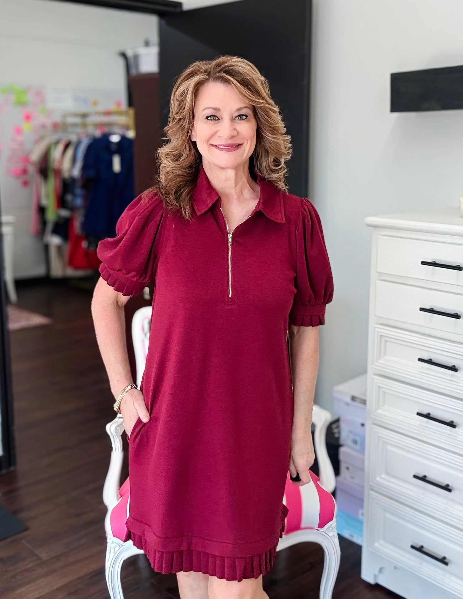 Kick Pleat Dress - Burgundy