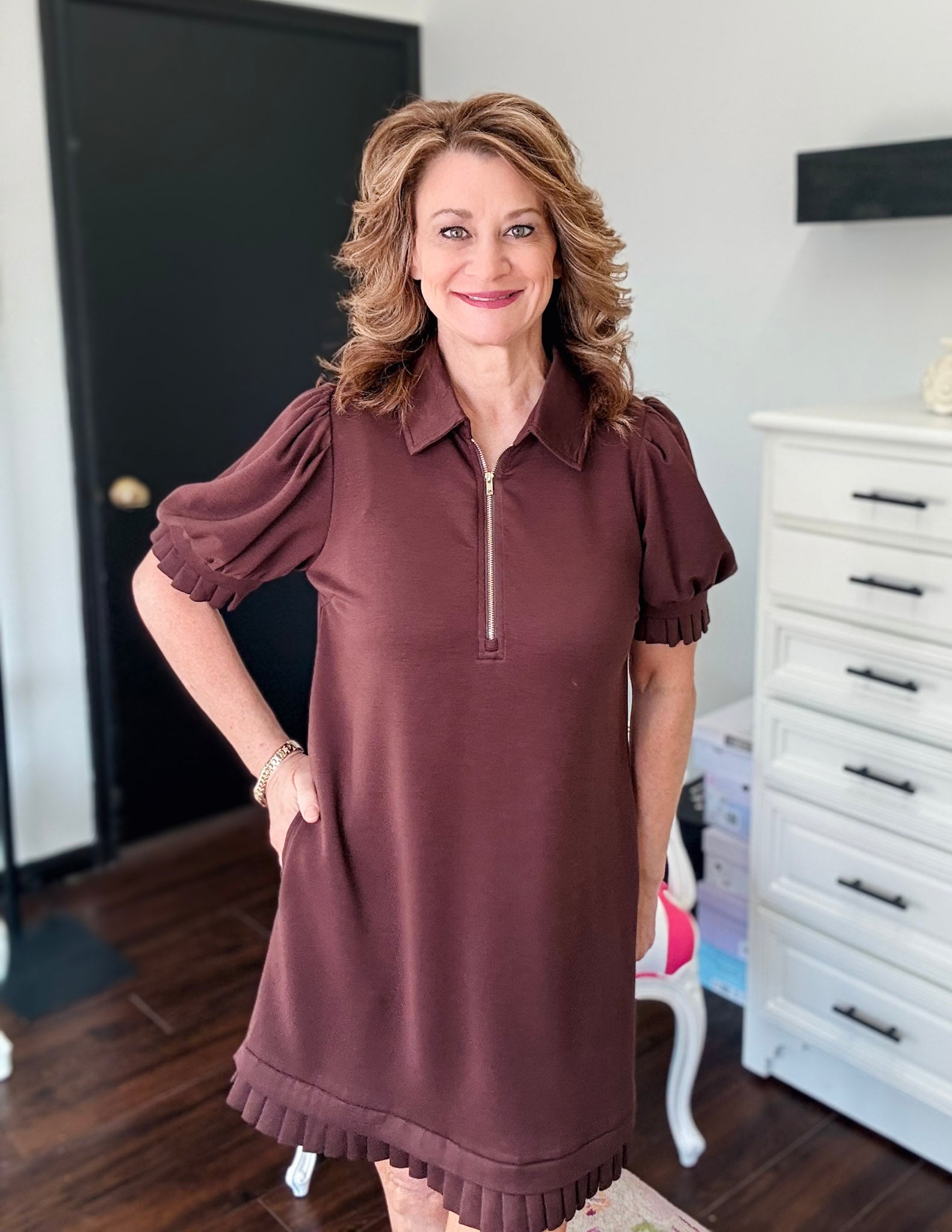 Kick Pleat Dress - Brown