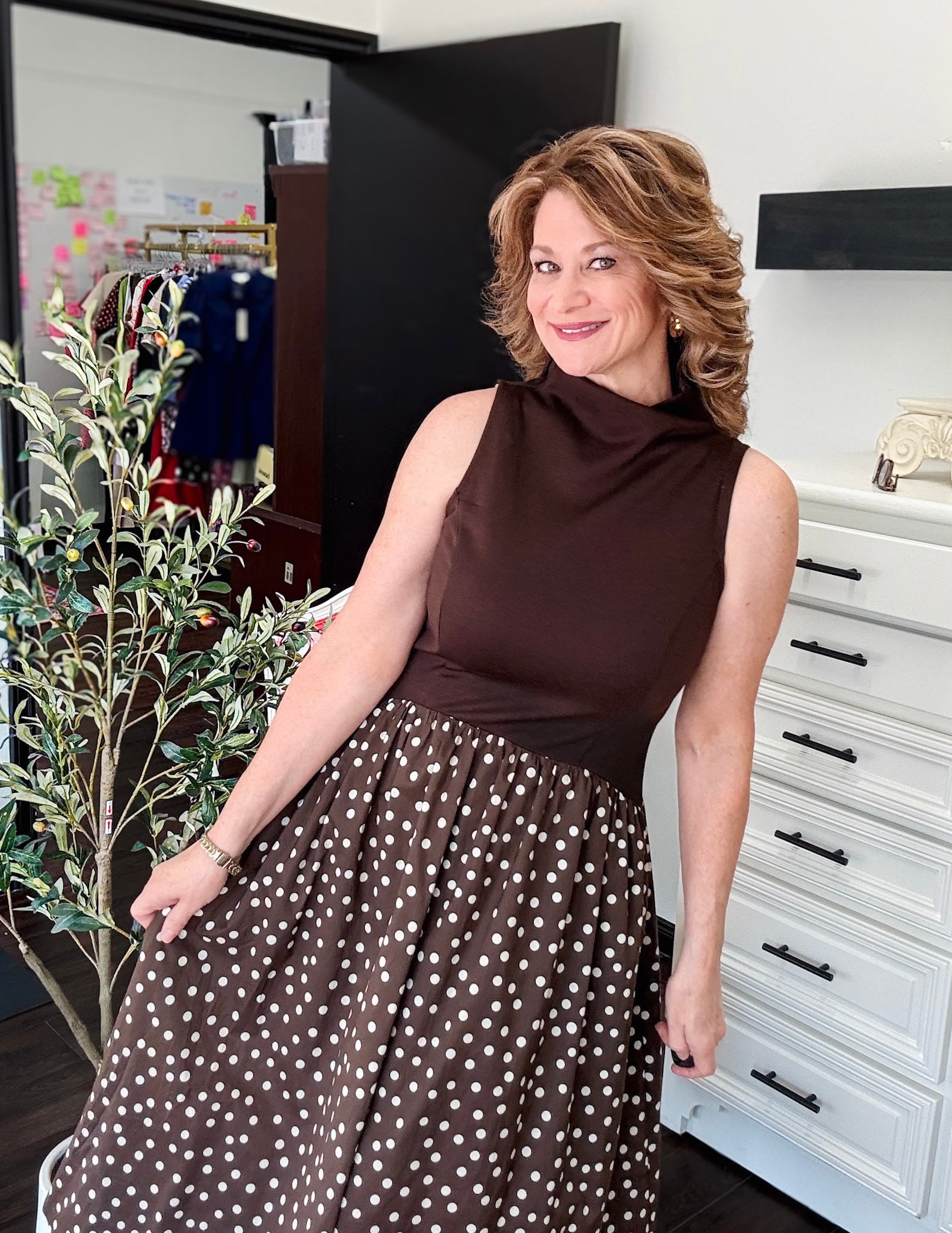 Mock Neck Dress - Brown