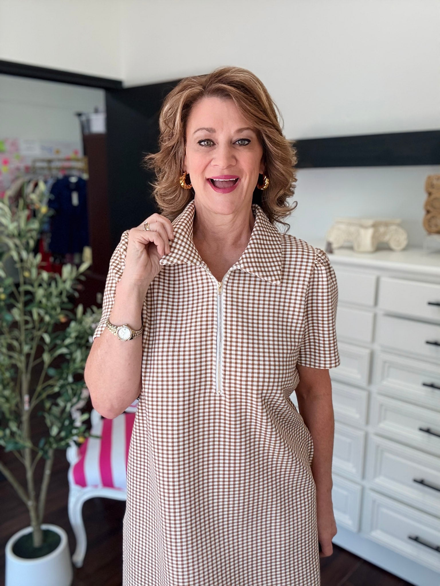 Gingham Stretch Mini Dress - Camel