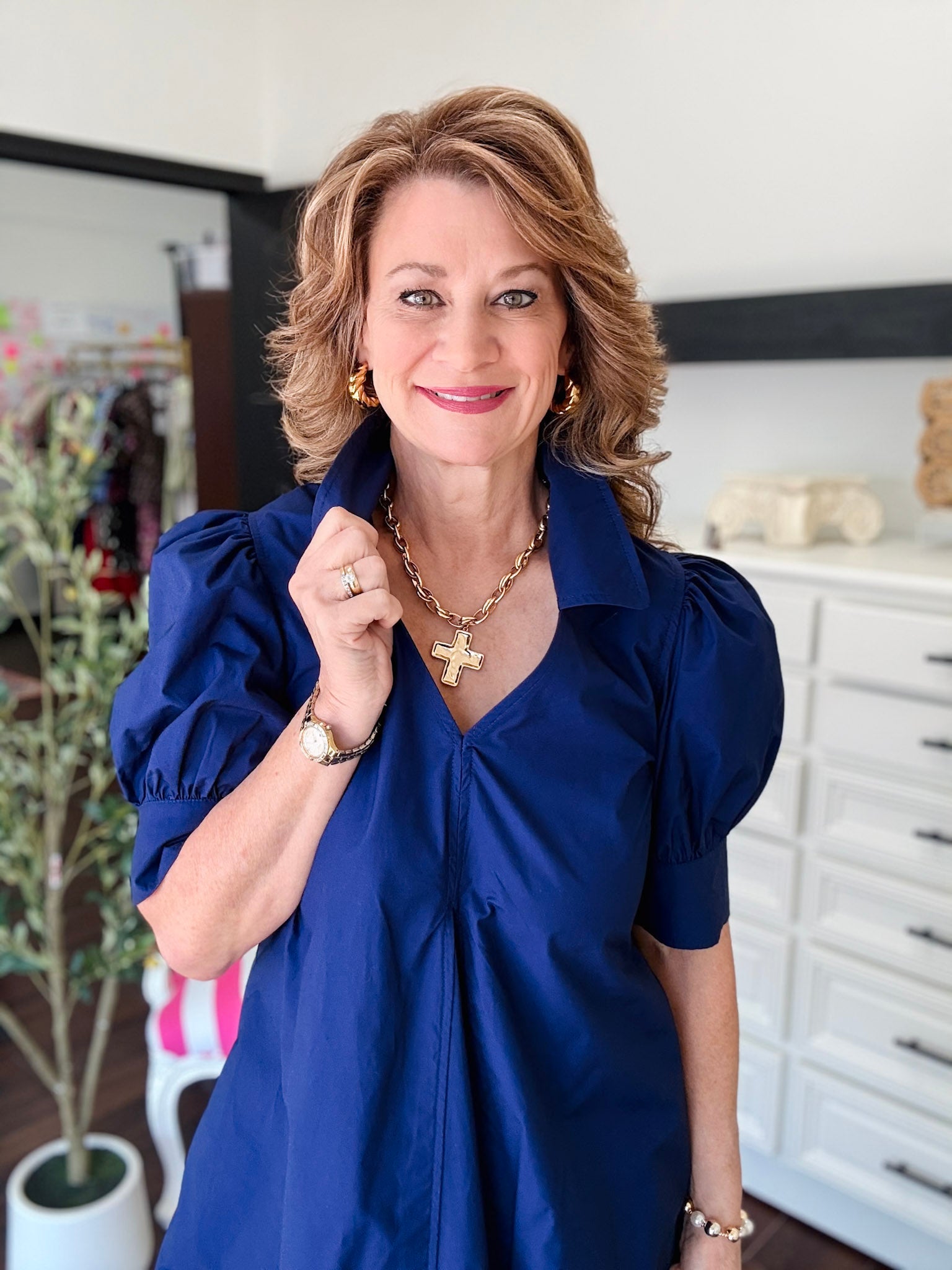 Puff Sleeve V-Neck Mini Dess-Deep Navy