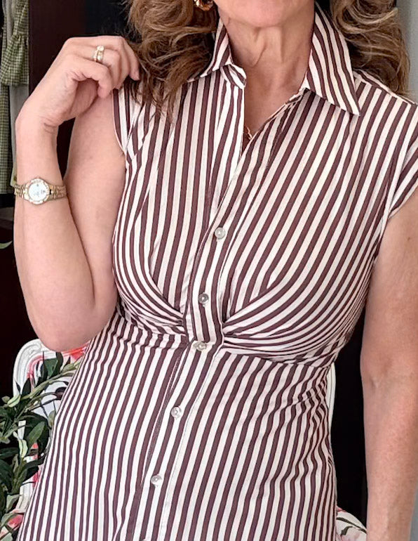 Striped Button Down Midi Dress-Brown/White