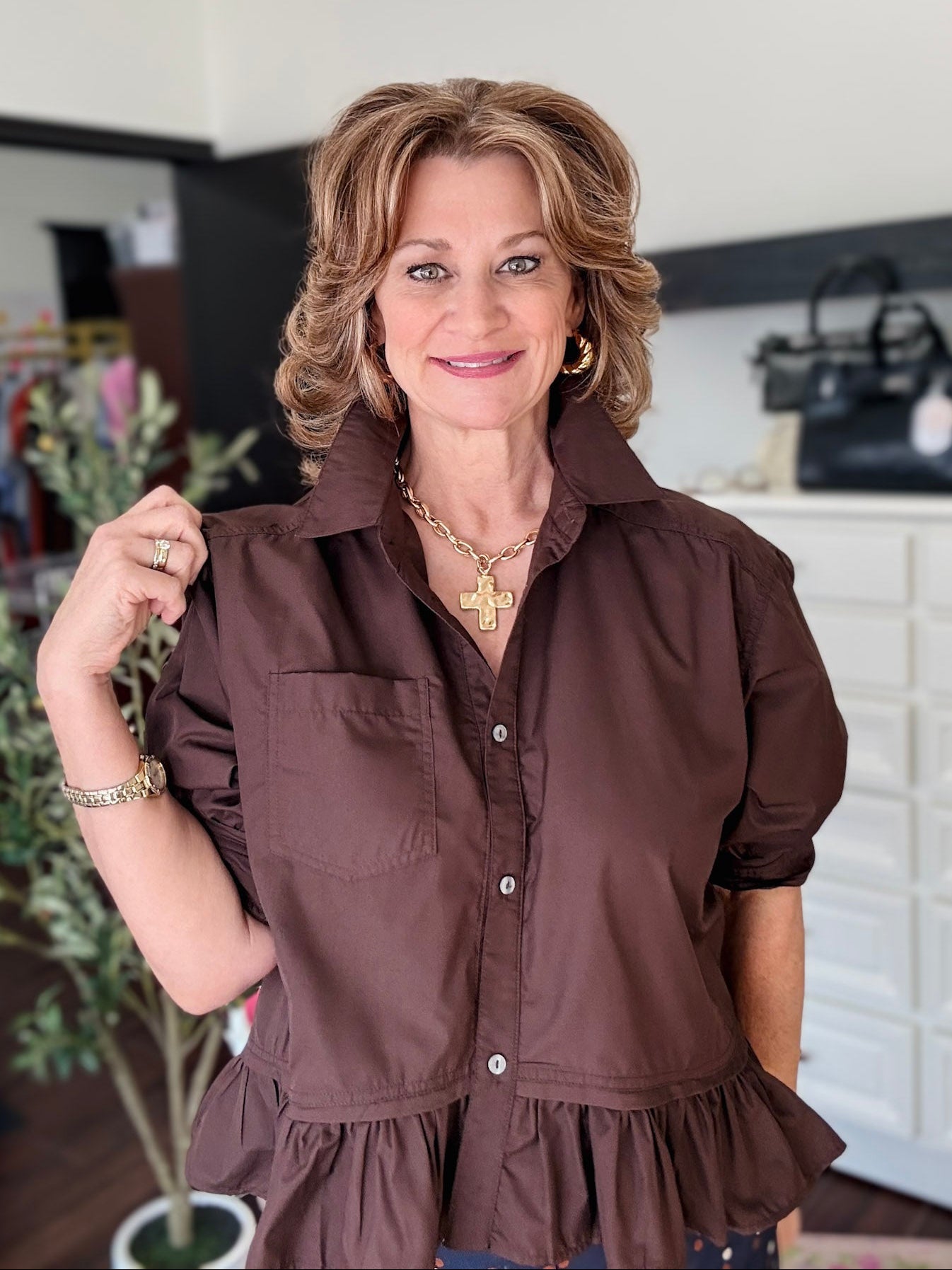 Ruffle Hem Classic Top - Brown