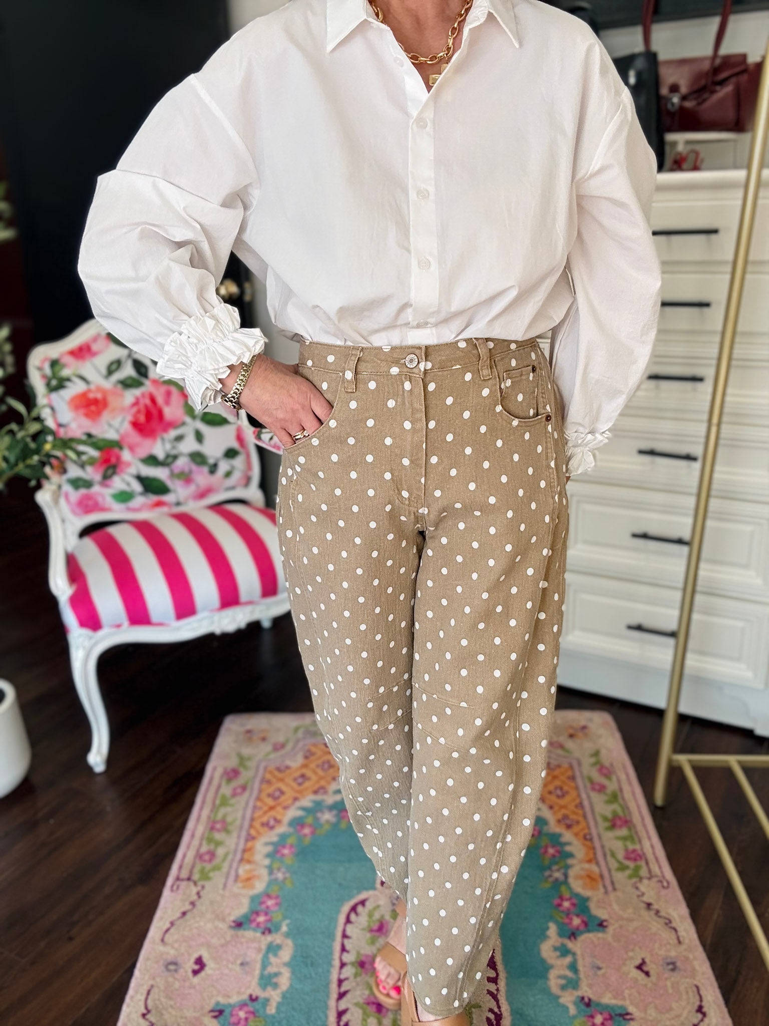 Latte Fun - Dot Pant - Tan Barrel Pant - Latte