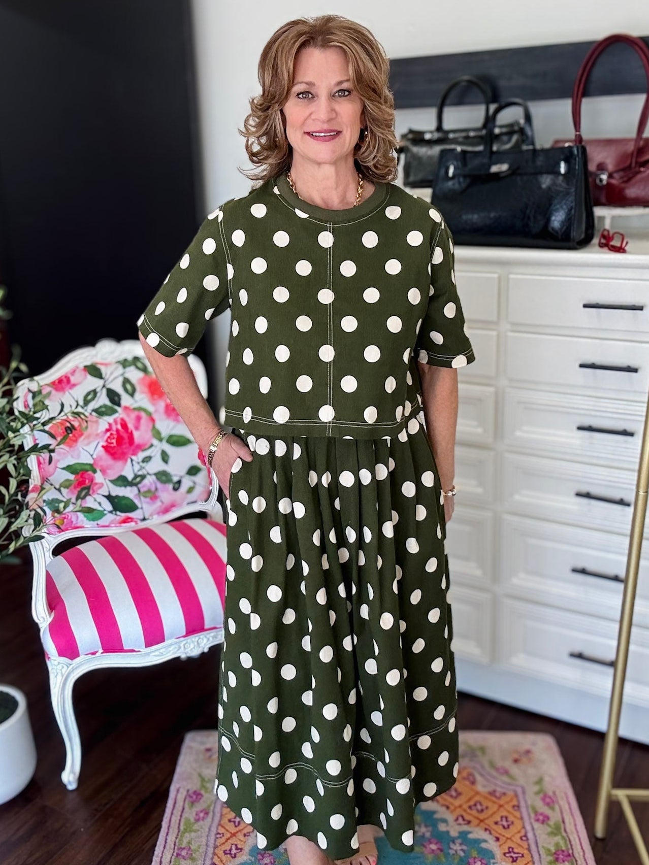 Polka Dot Midi Skirt-Olive
