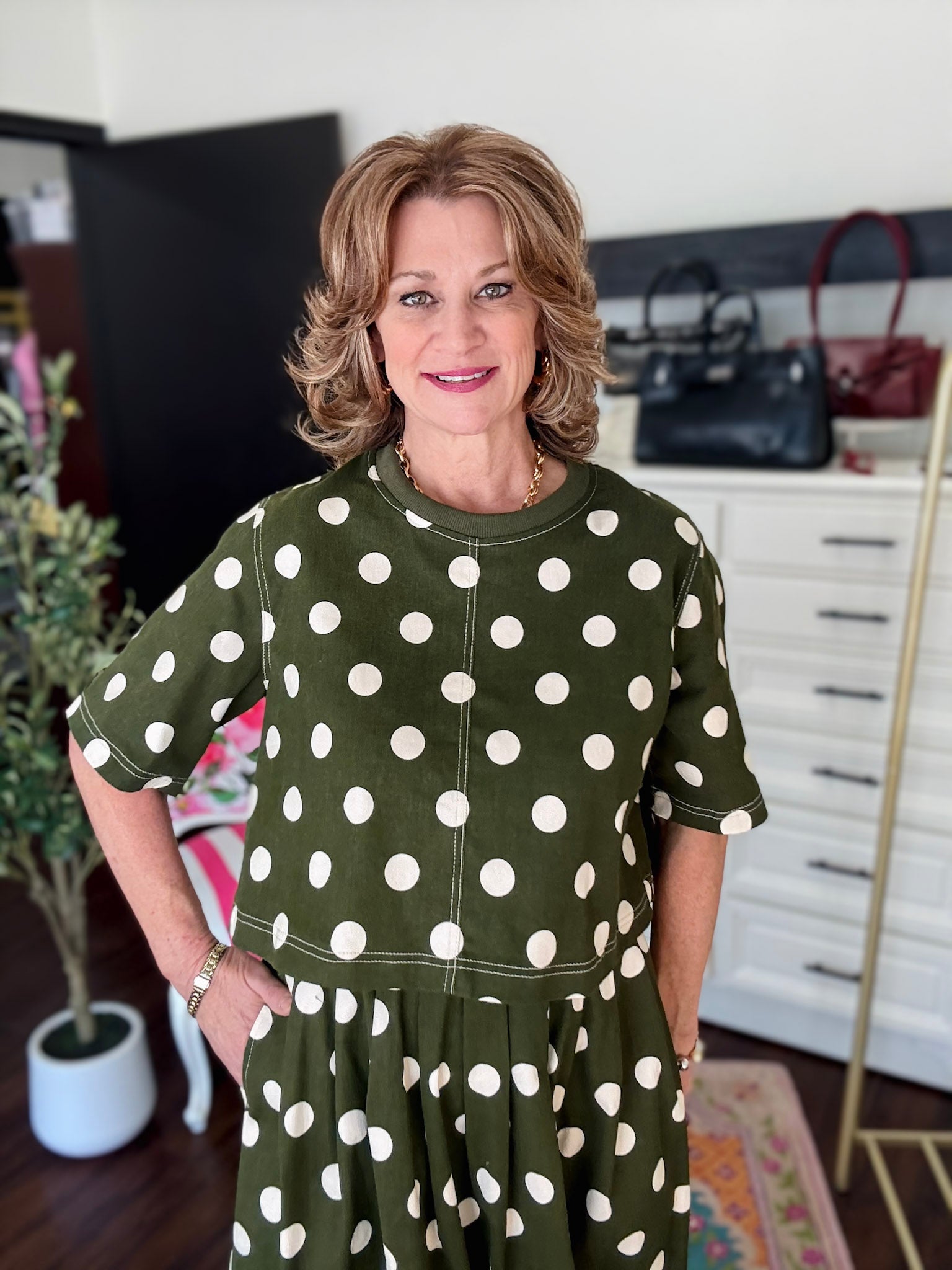 Polka Dot Short Sleeve Top-Olive