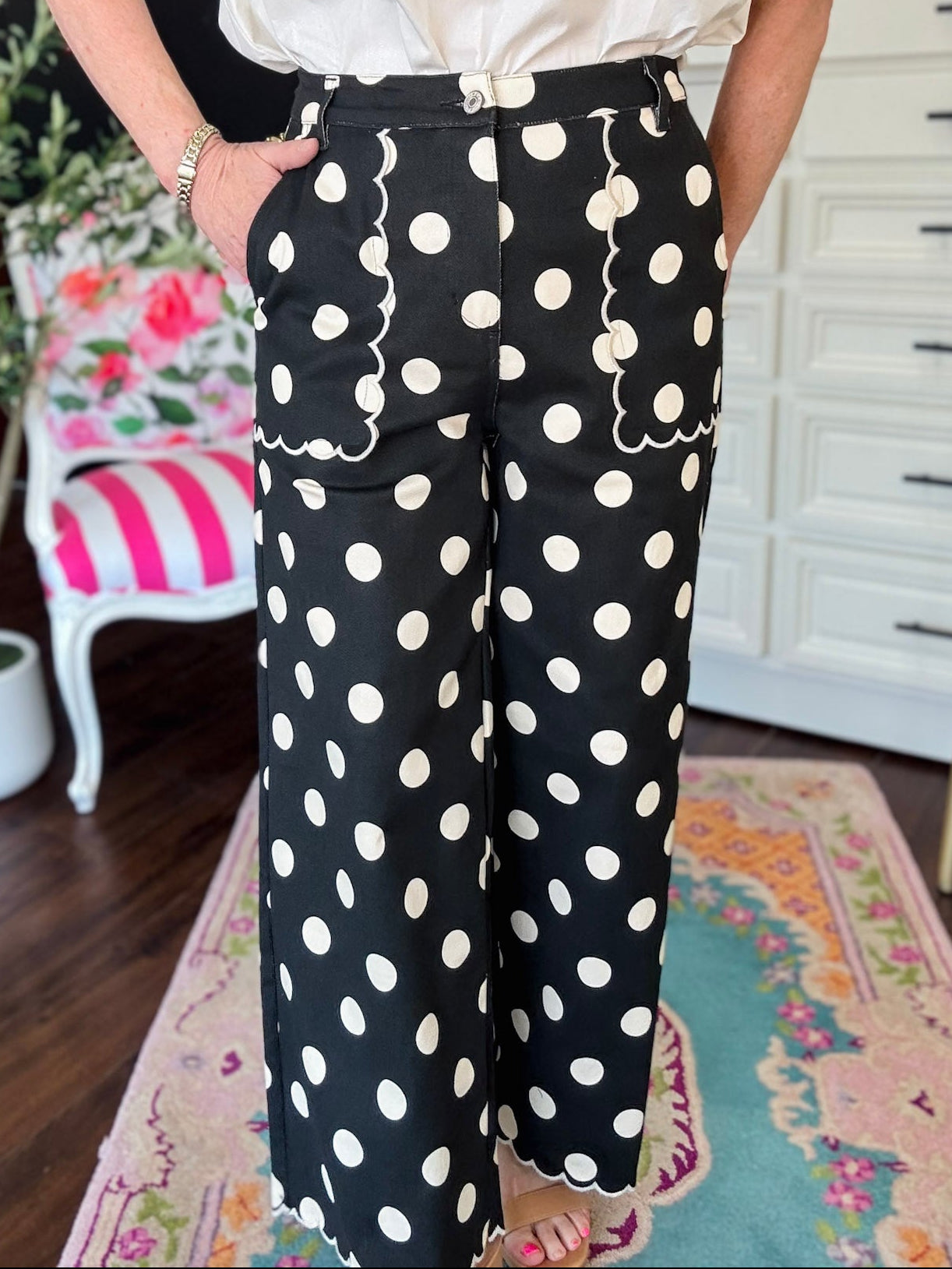 Polka Dot Scallop Pant-Black/Ivory