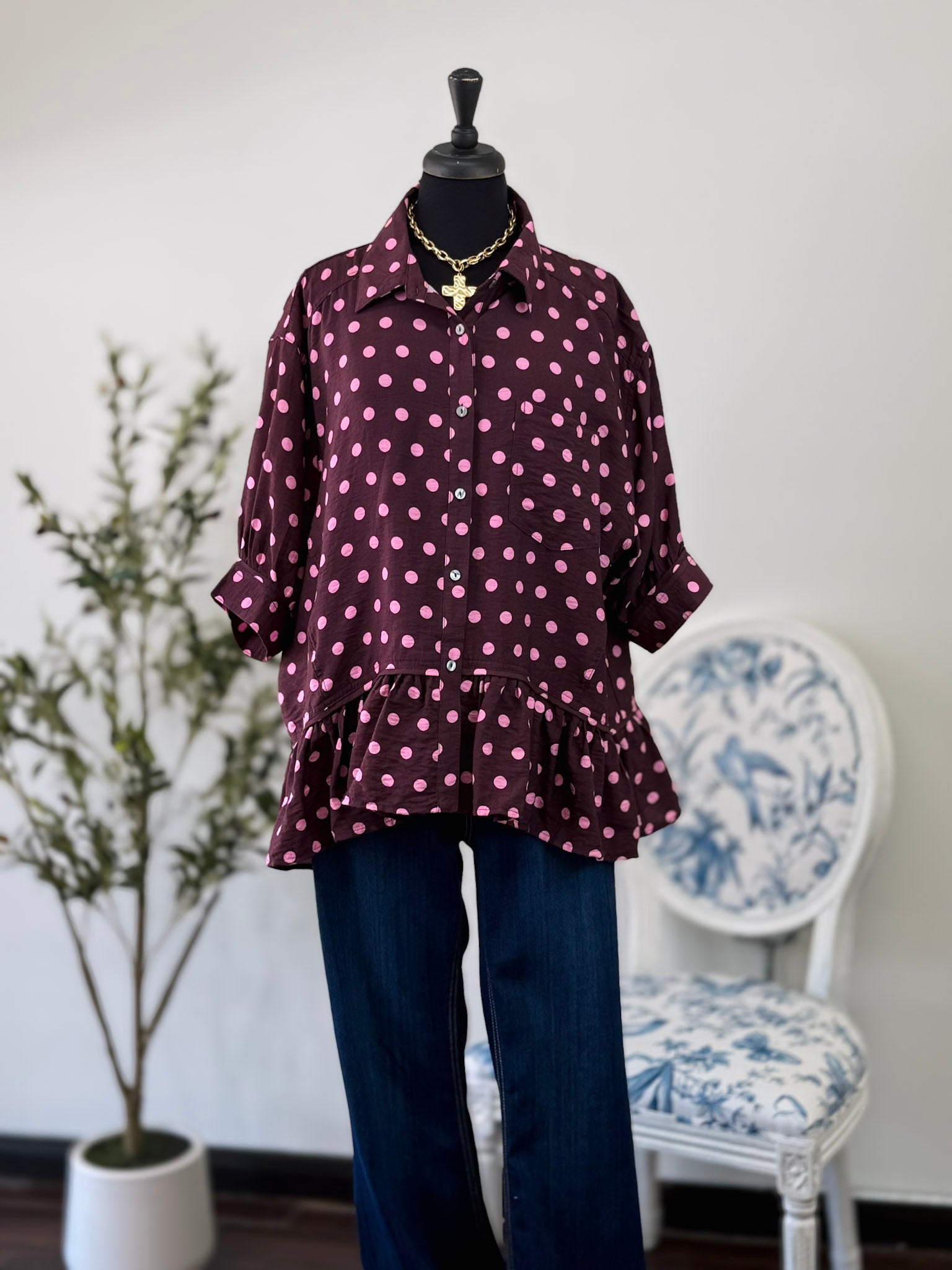 [Plus] Ruffle Hem Top - Wine