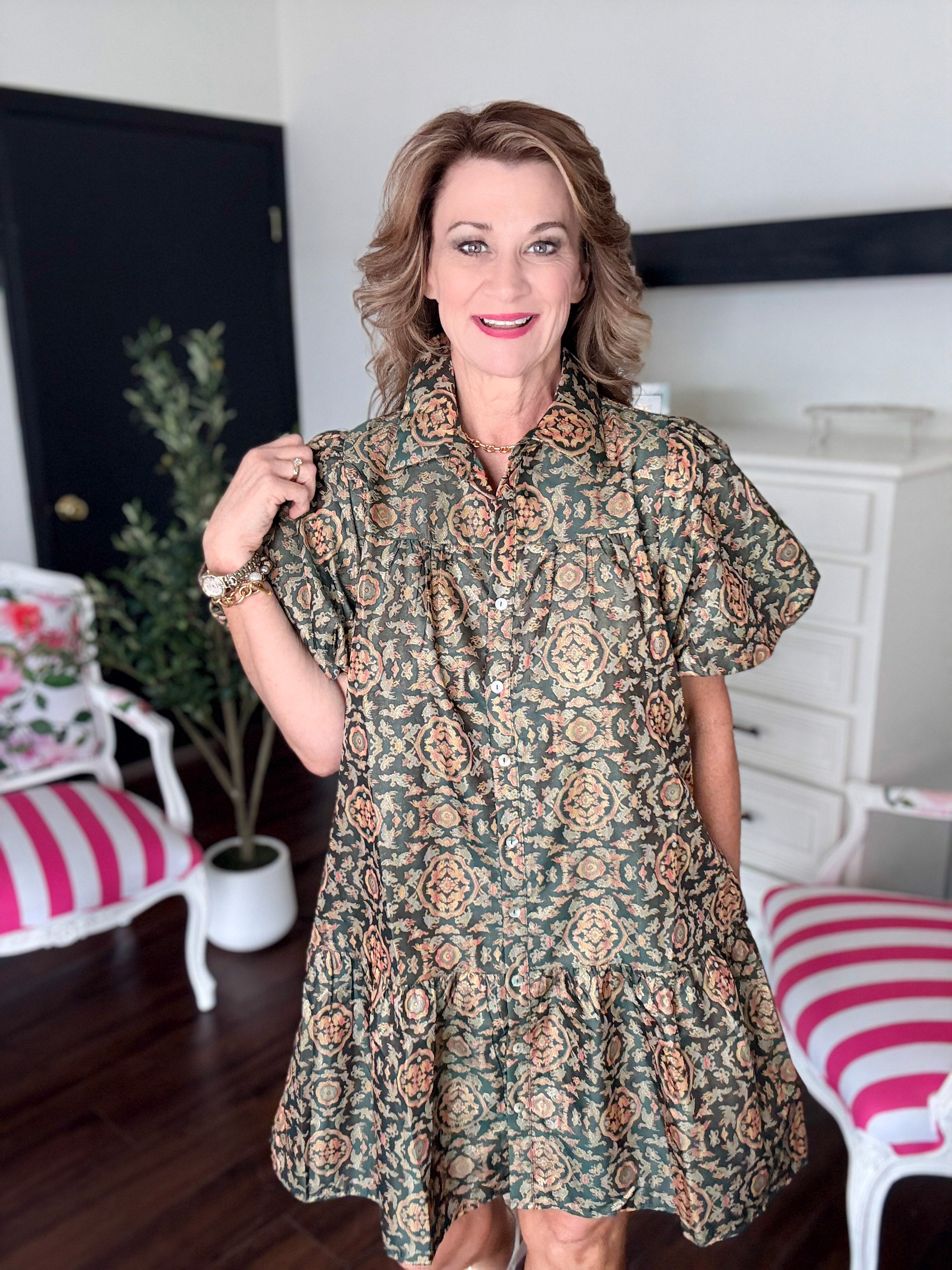 Baroque Mini Dress-Hunter Green