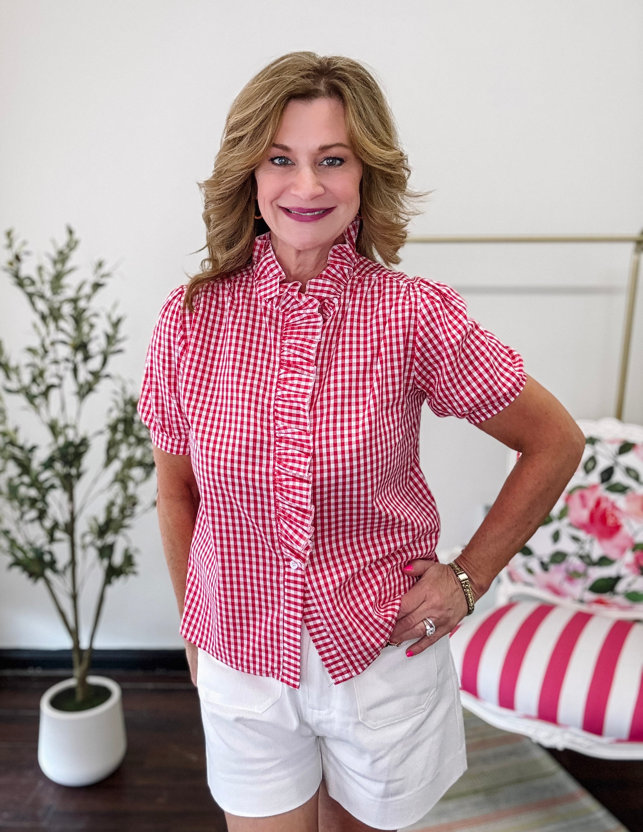 Picnic Breeze Ruffle Collar Top-Red