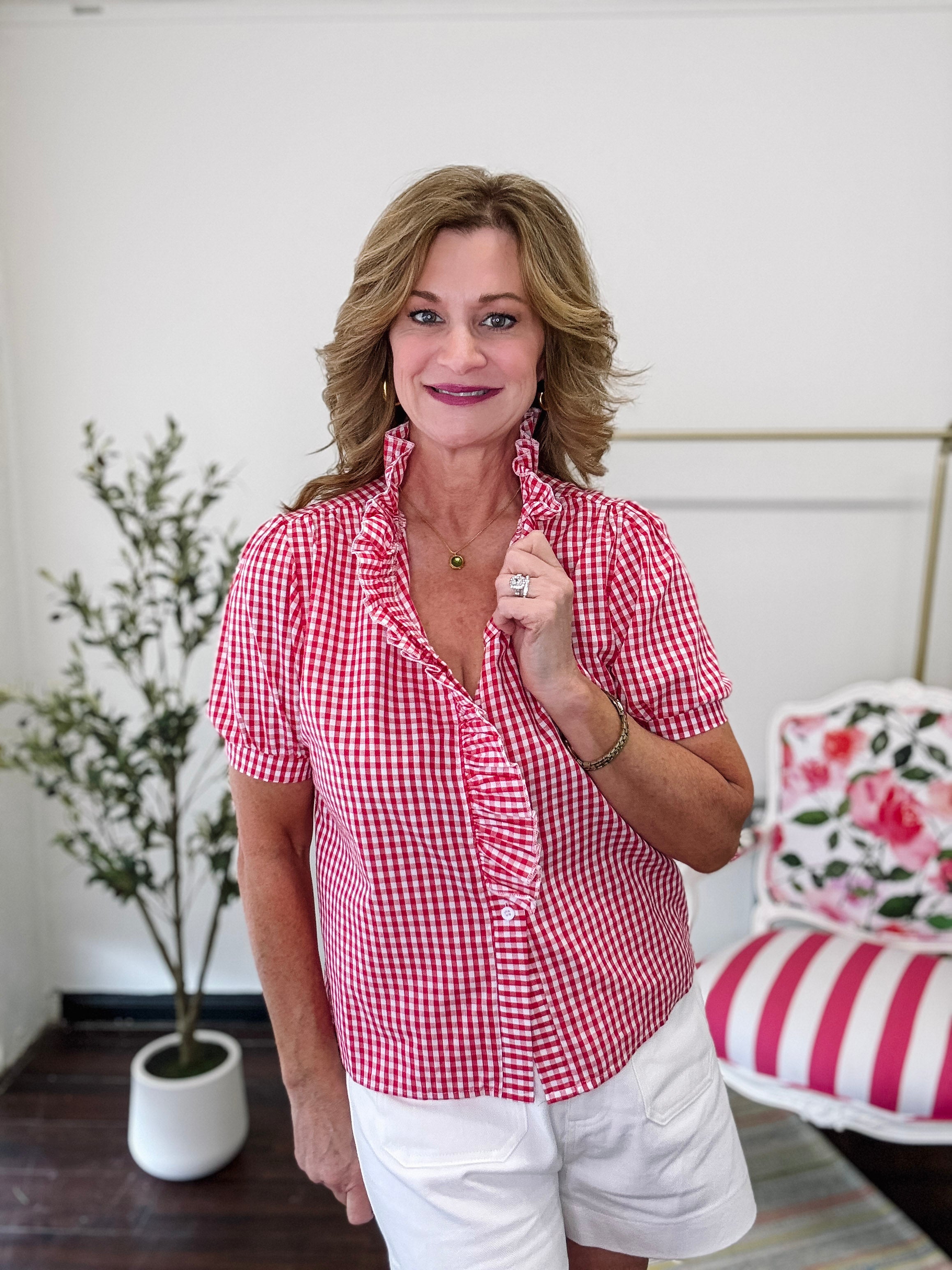 Picnic Breeze Ruffle Collar Top-Red