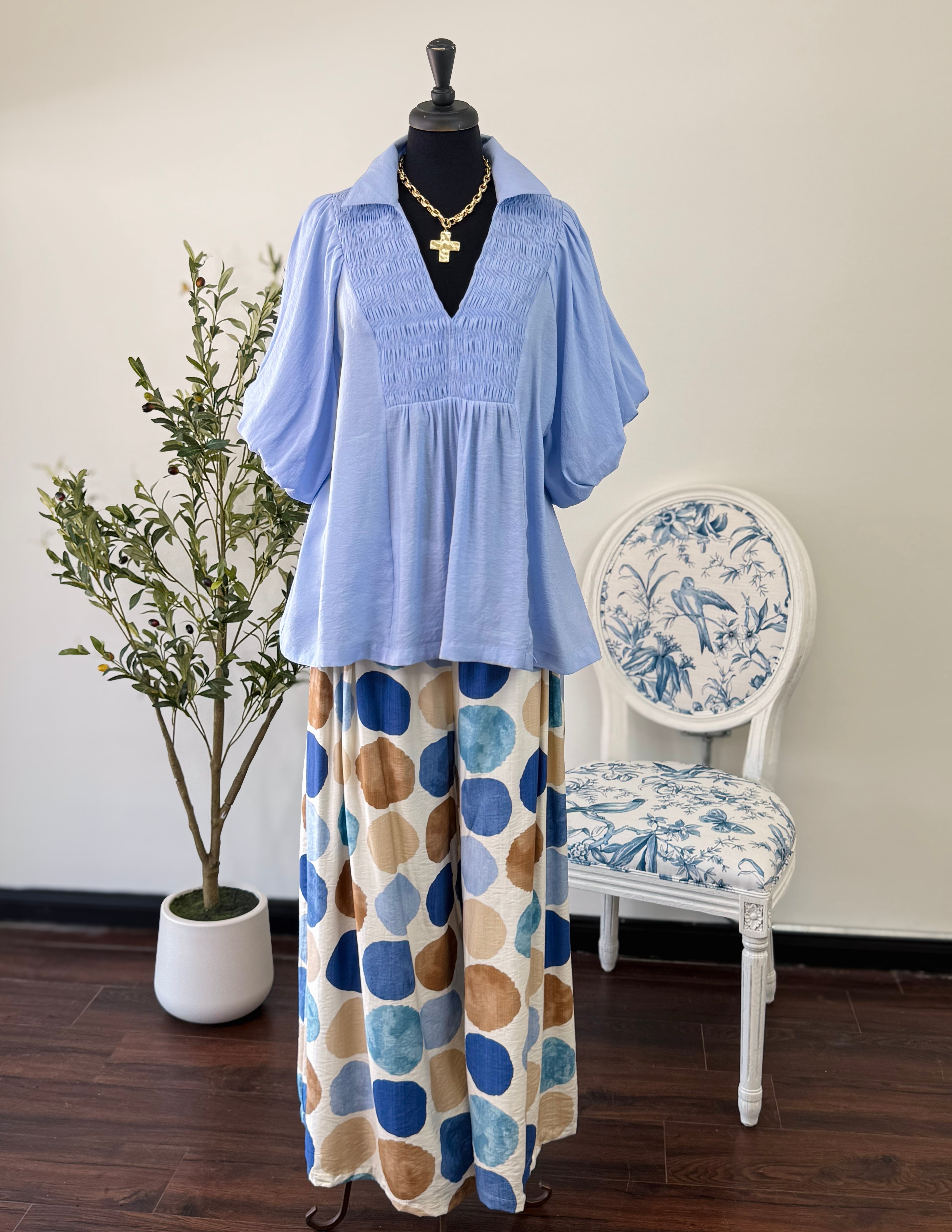 Smocked Bubble Sleeve Top-Plus-Peri Blue