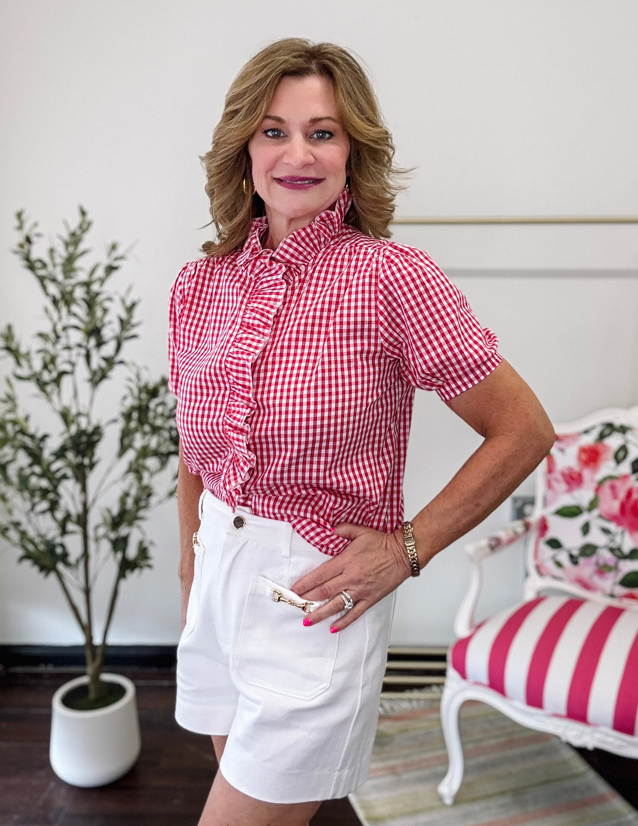 Picnic Breeze Ruffle Collar Top-Red