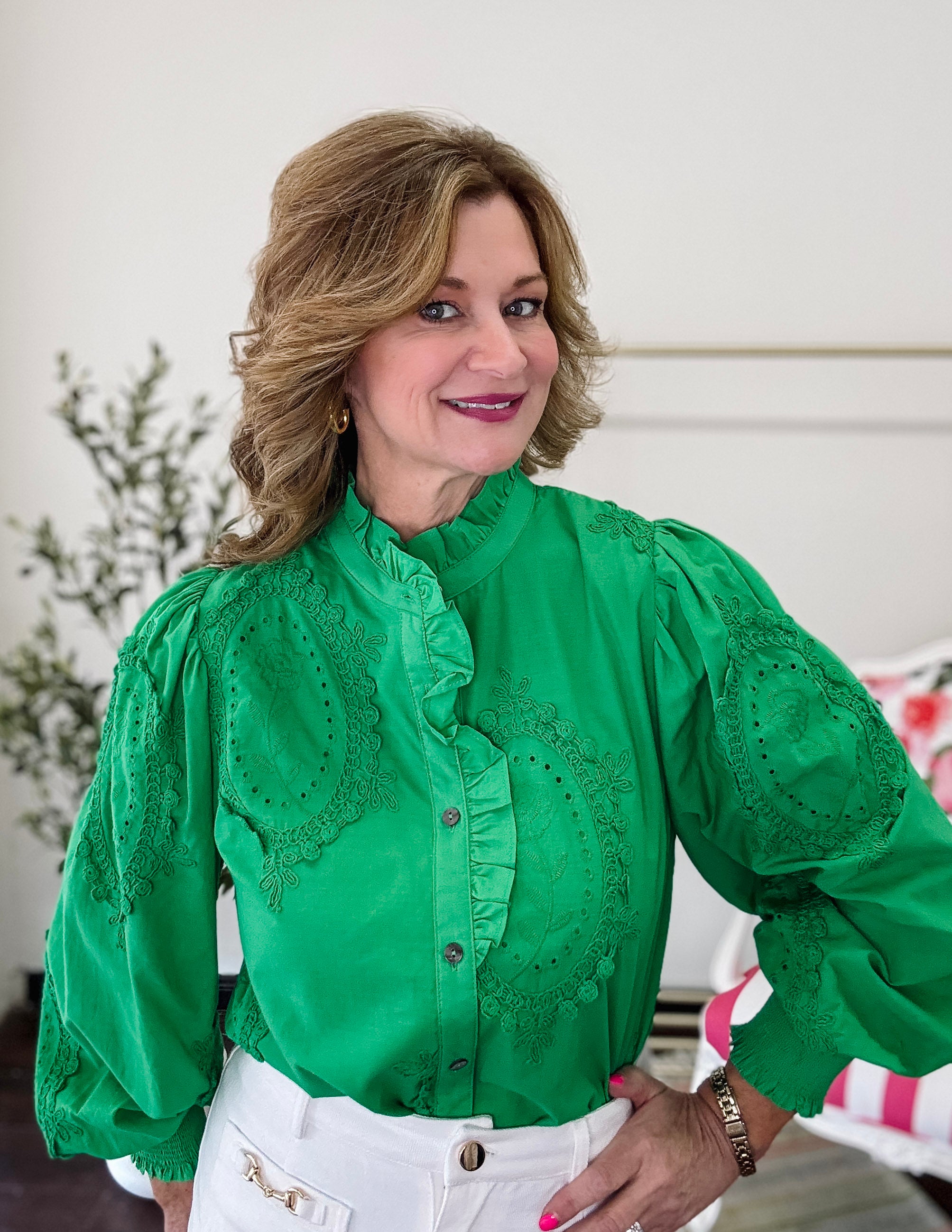 Grace Button Front Top- Green