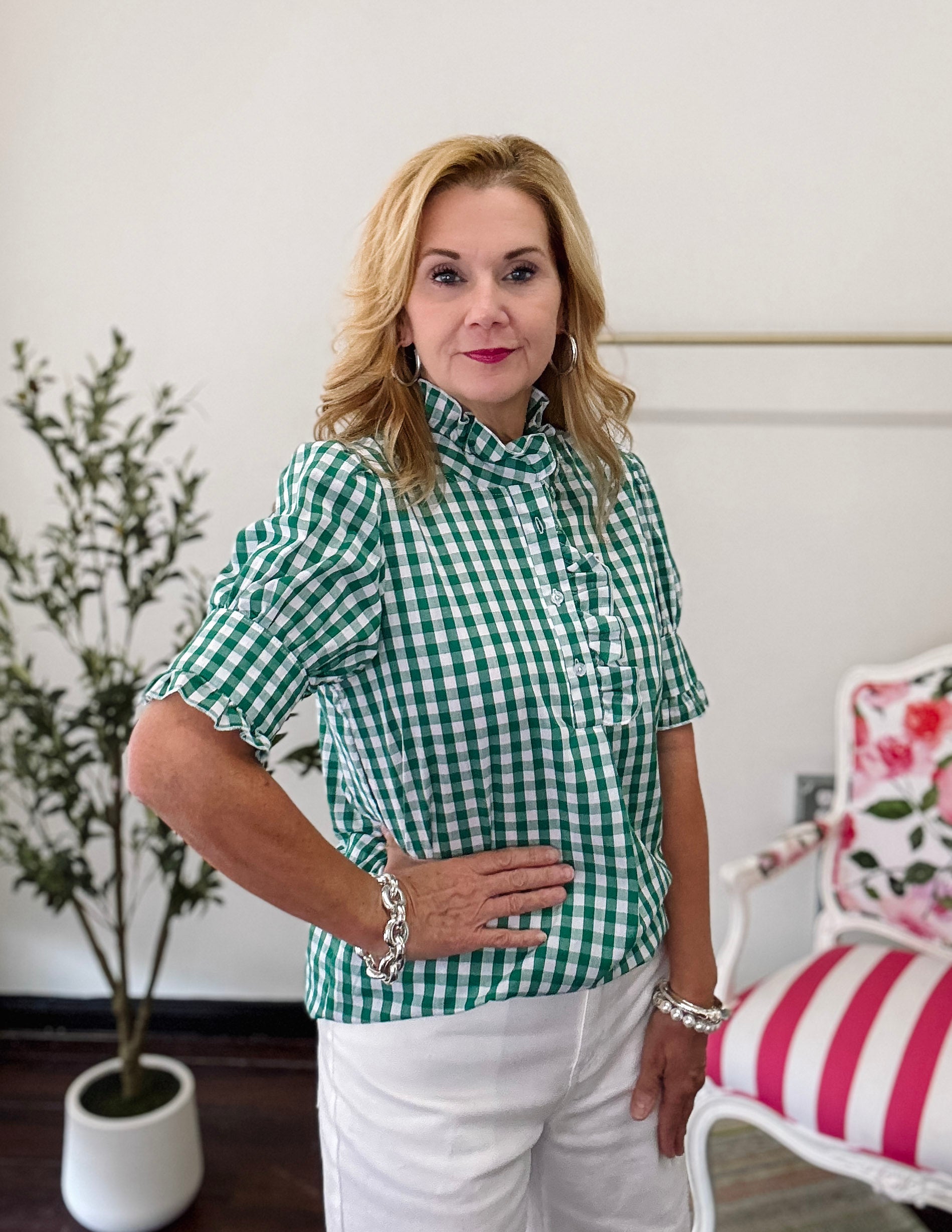 Retro Ruffle Gingham Plaid Top-Green