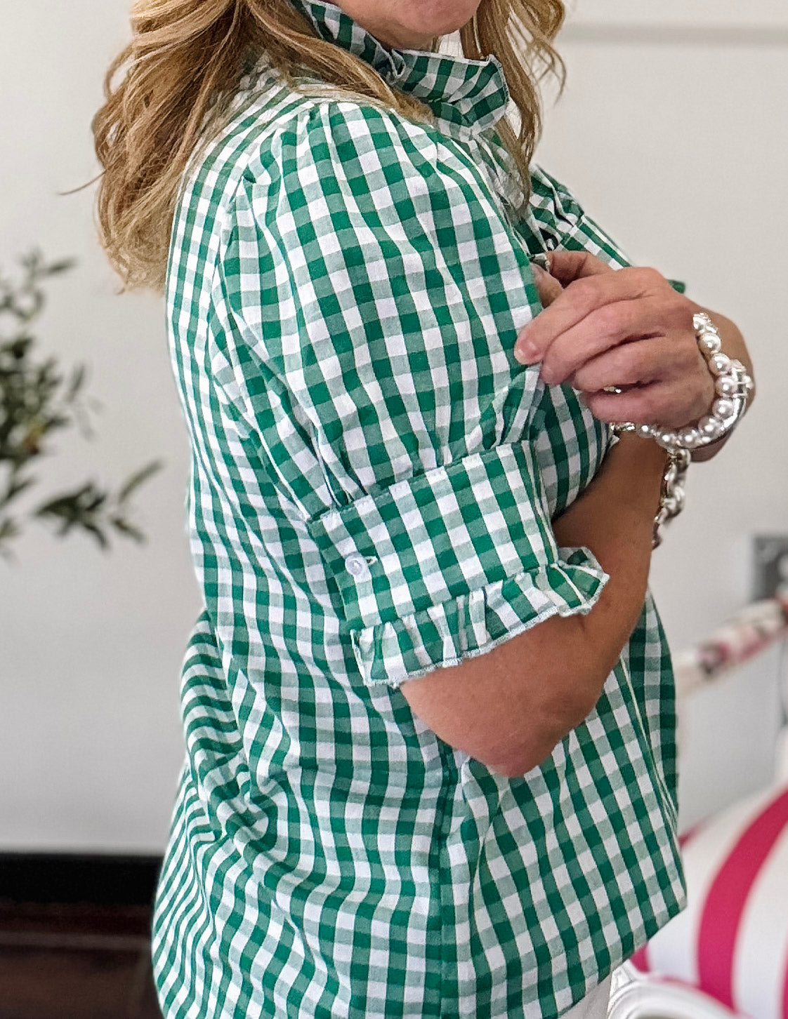 Retro Ruffle Gingham Plaid Top-Green