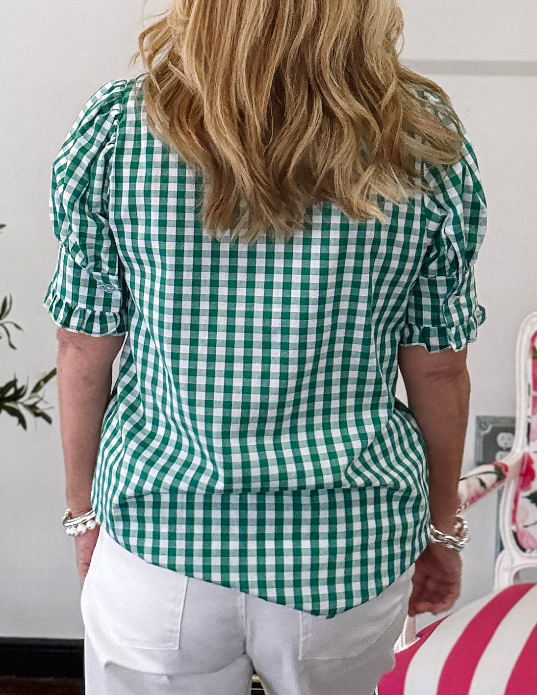 Retro Ruffle Gingham Plaid Top-Green