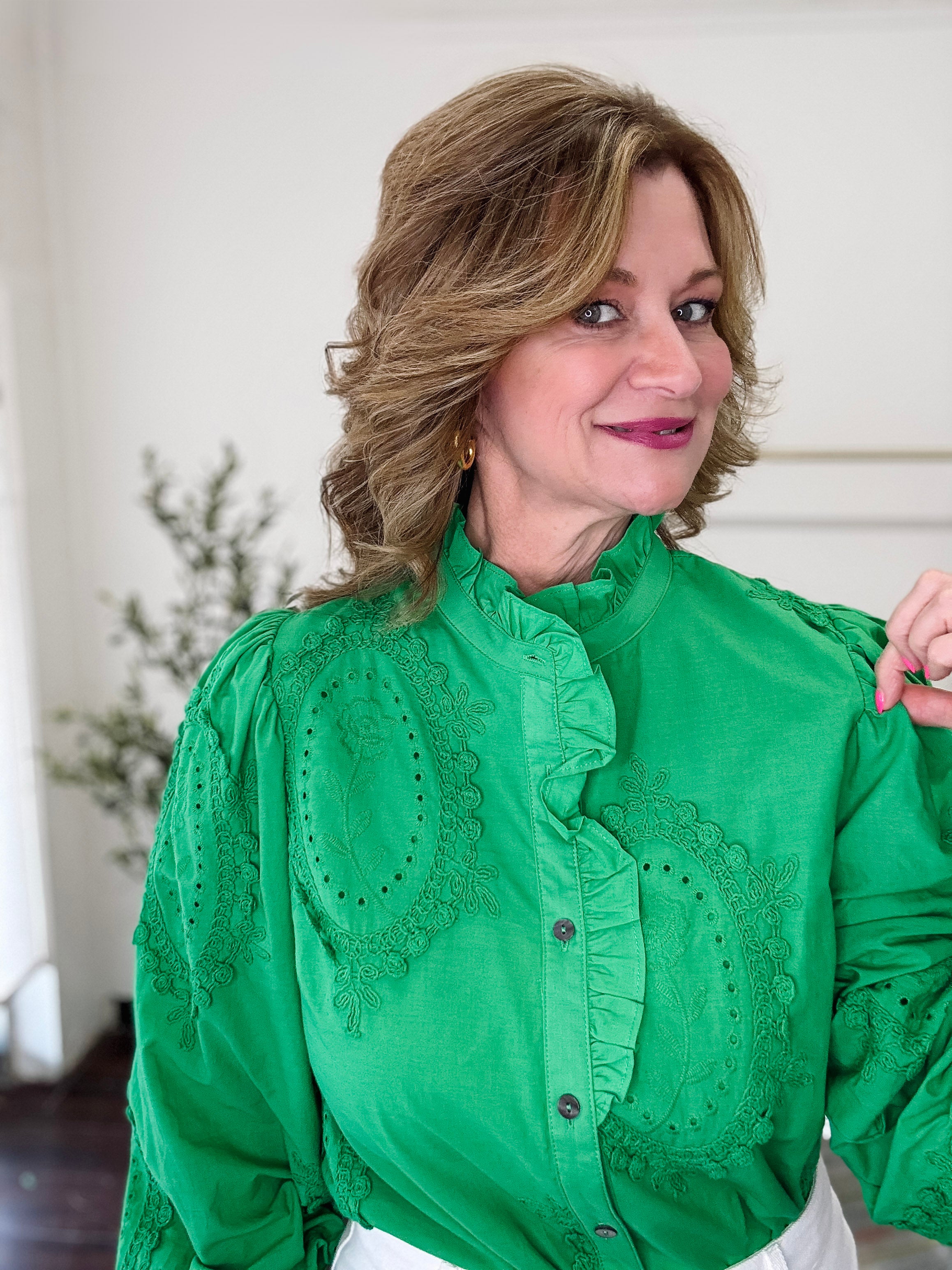 Grace Button Front Top- Green