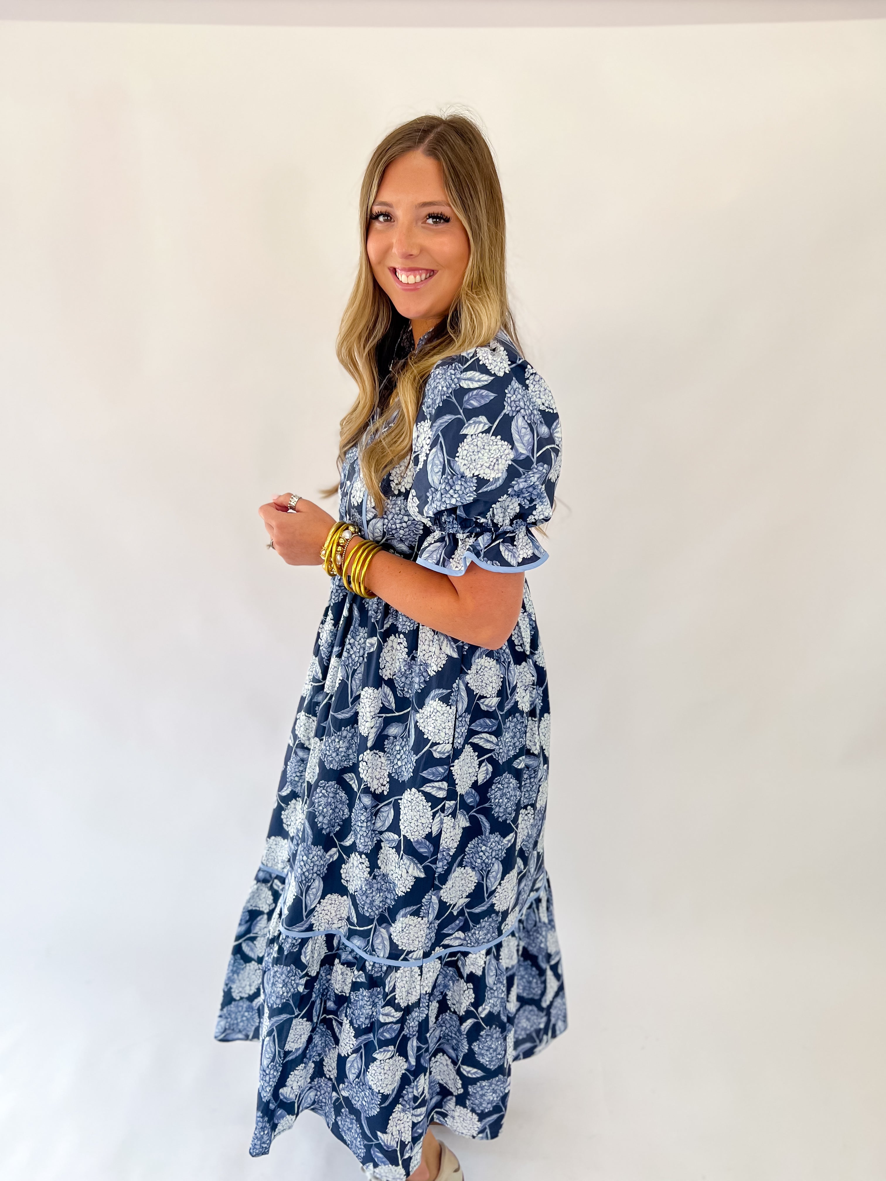 Fall Navy Botanical Midi Dress
