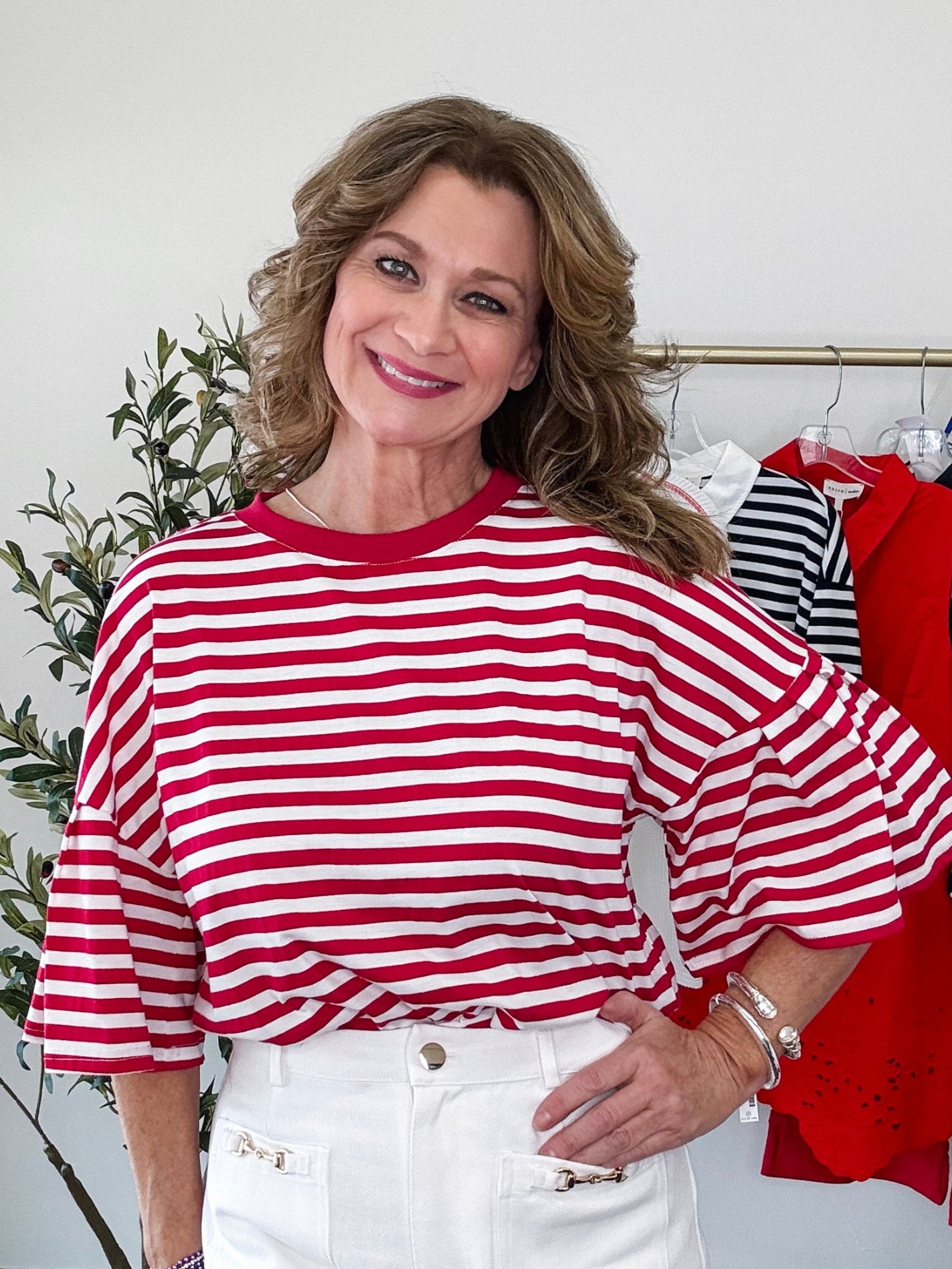 Red Stripe Flutter Sleeve Tee