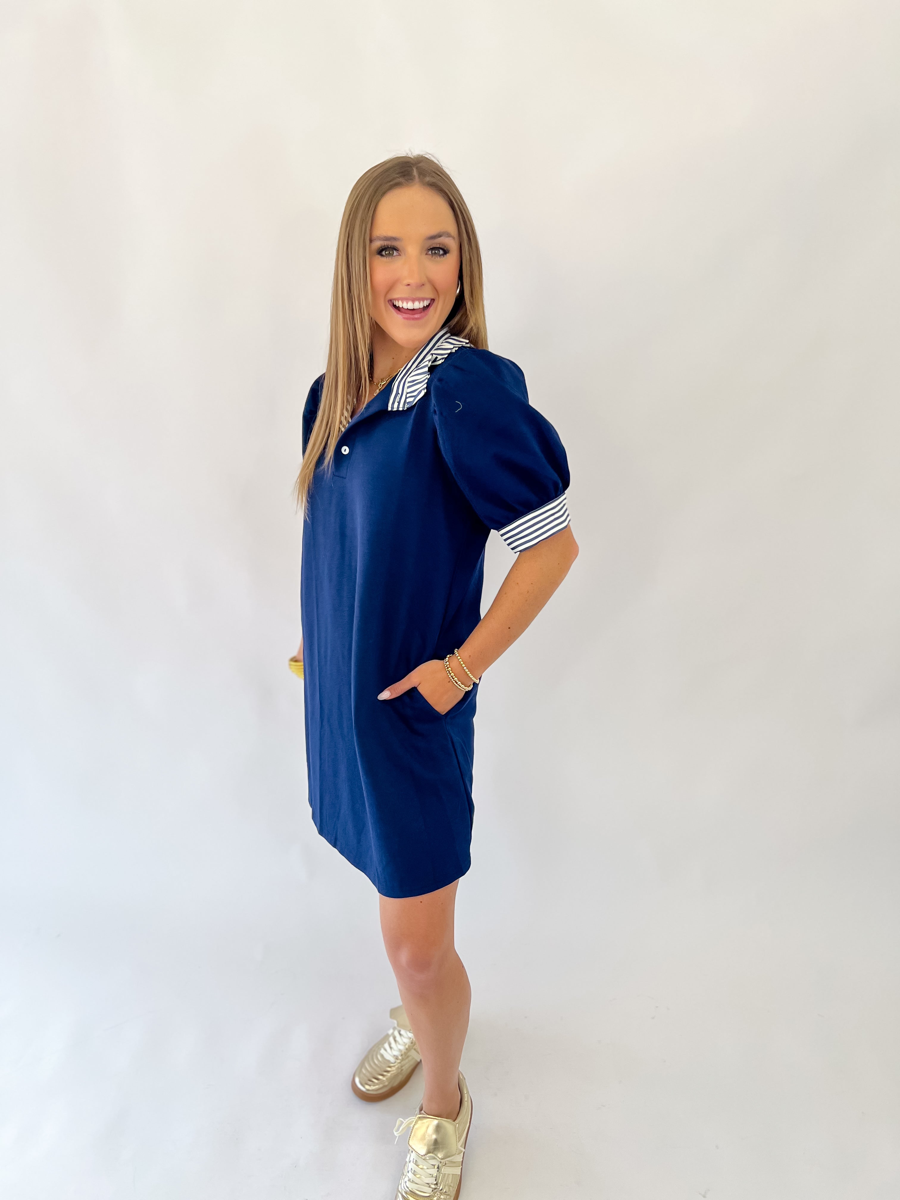 Navy Striped Sensation Knit Polo Pull-Over Dress
