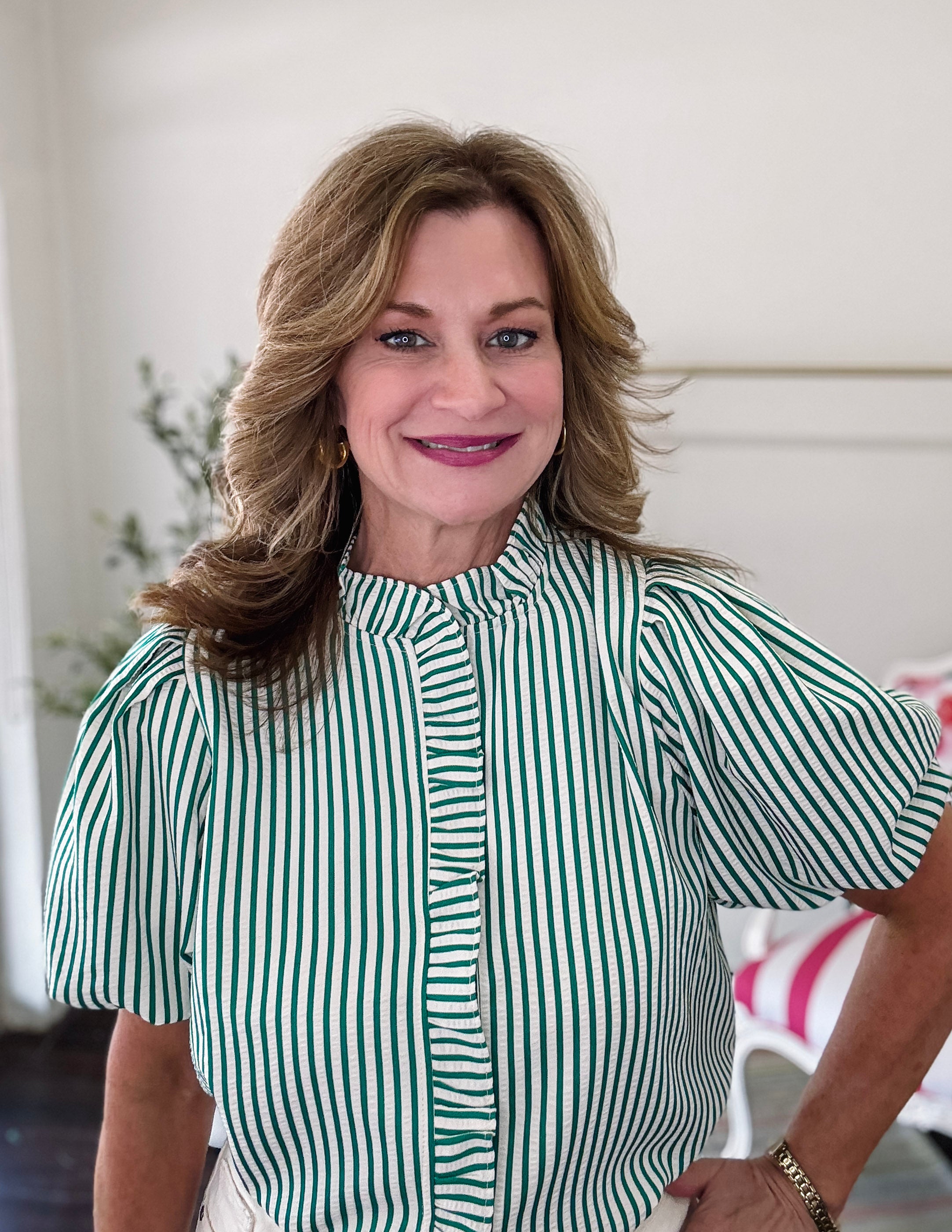 Darling Stripe Ruffle Top-Green