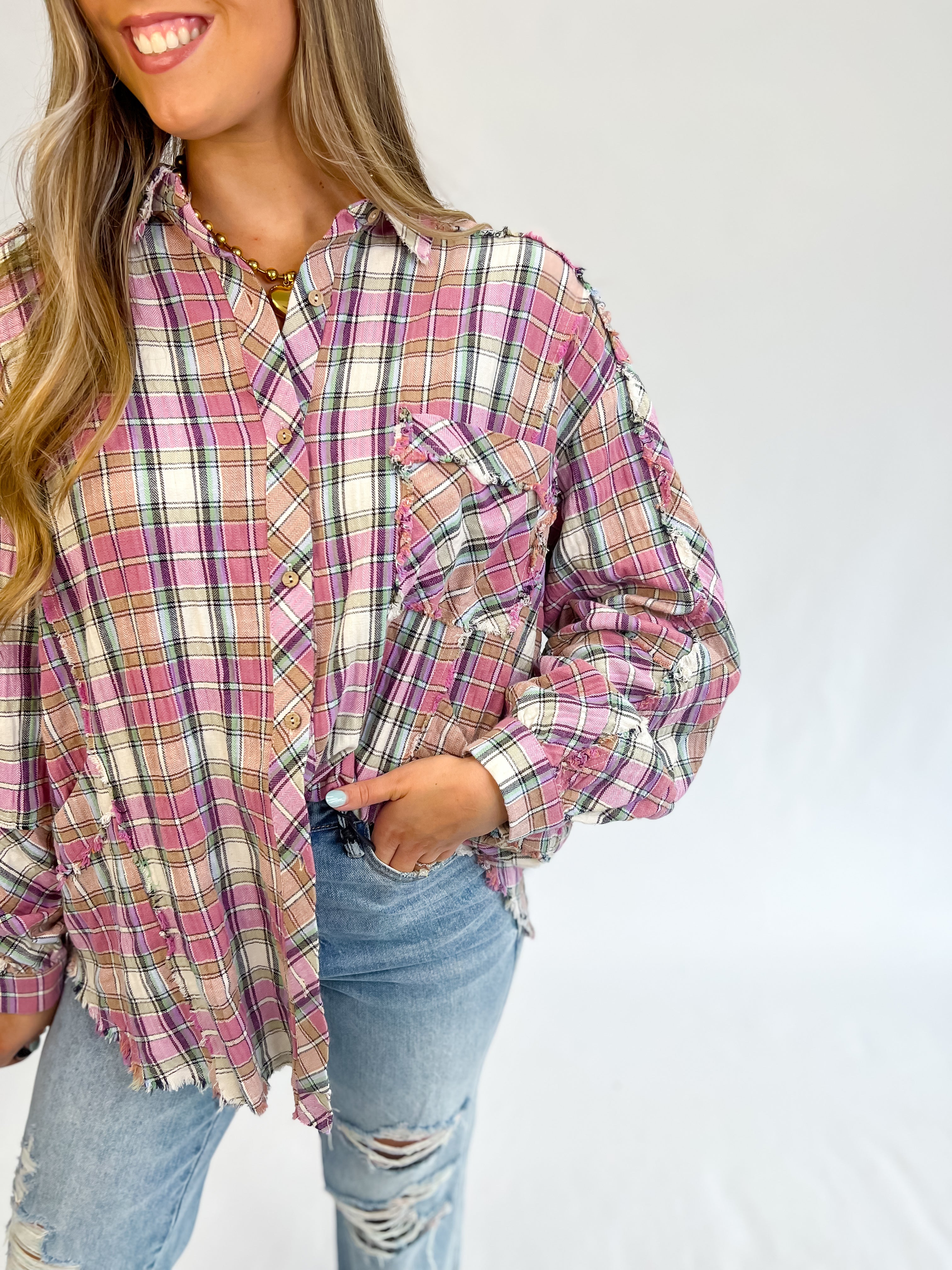 Crushing It Crinkled Plaid Button Up-Pink