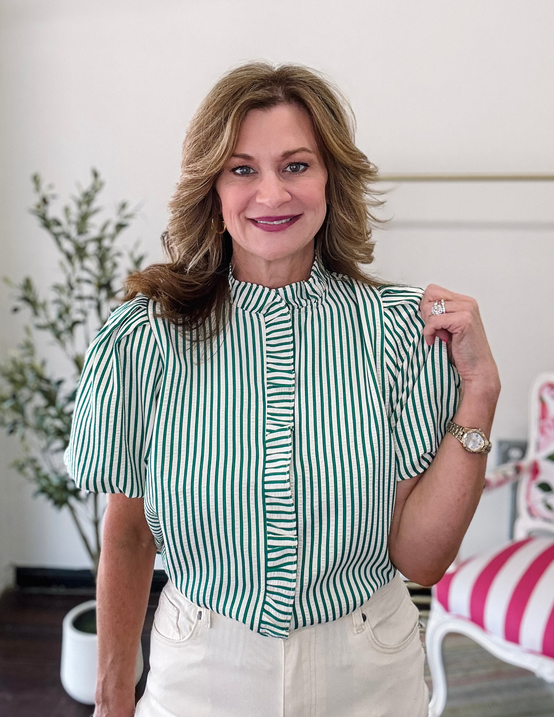 Darling Stripe Ruffle Top-Green