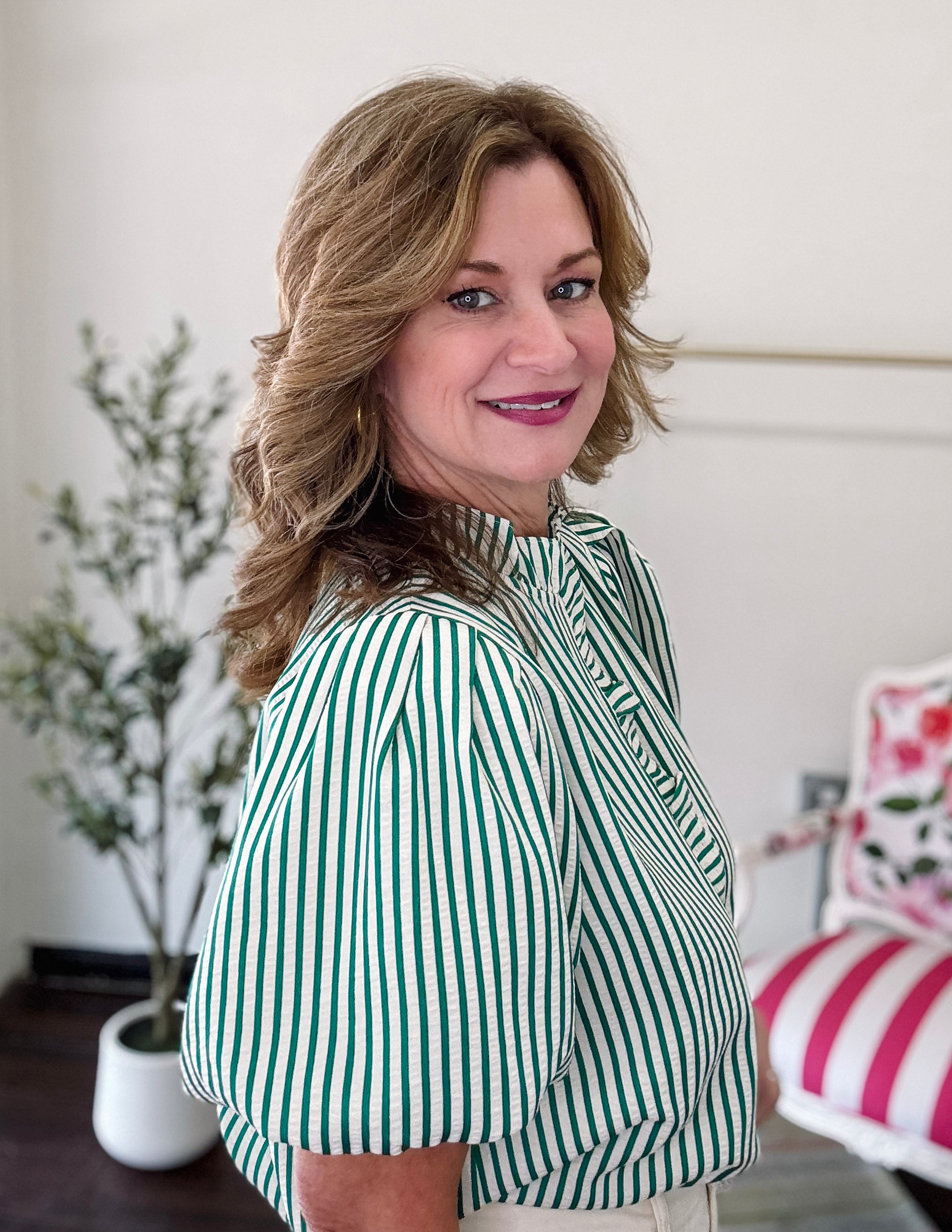 Darling Stripe Ruffle Top-Green