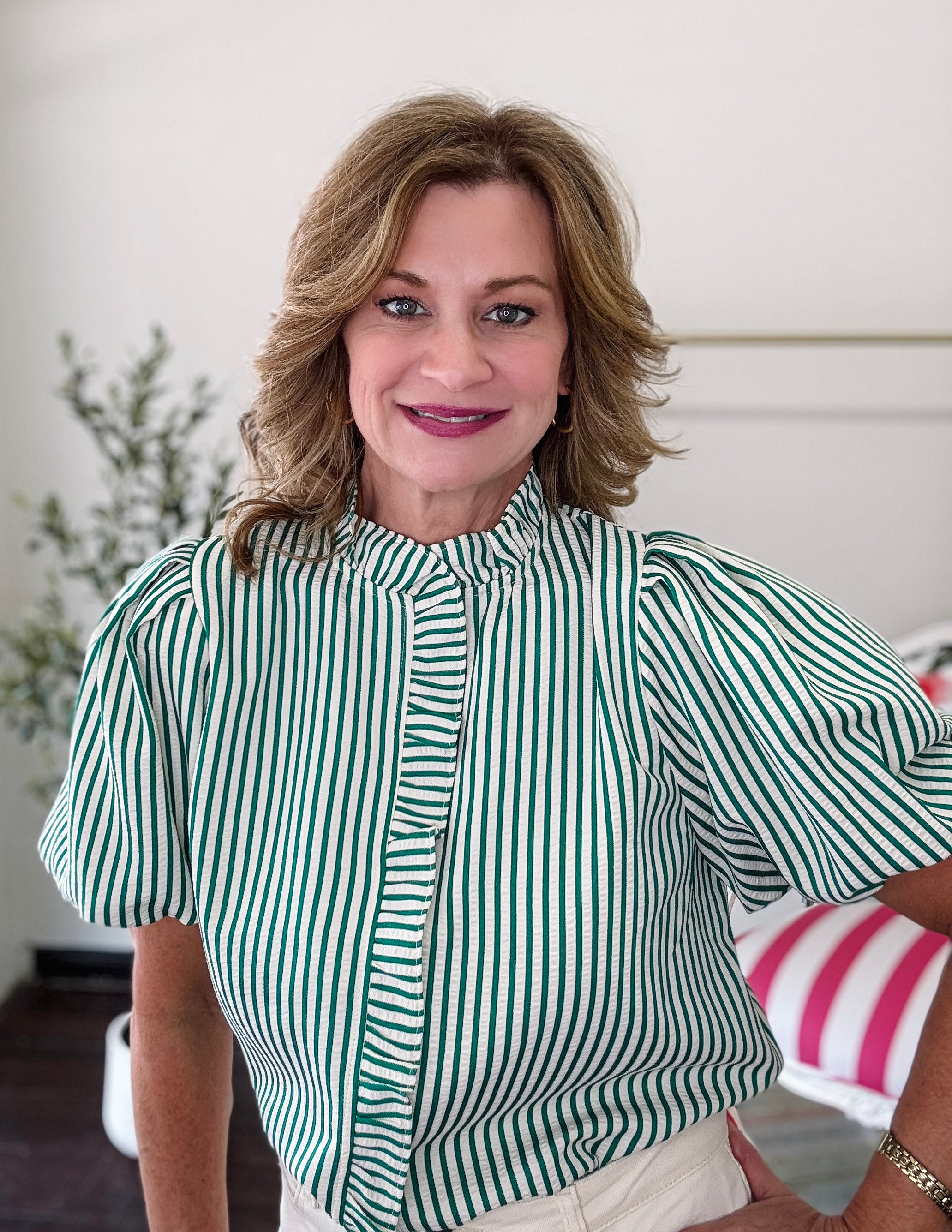 Darling Stripe Ruffle Top-Green