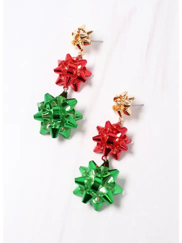 Christmas Bow Topper Earrings-Tri-Color