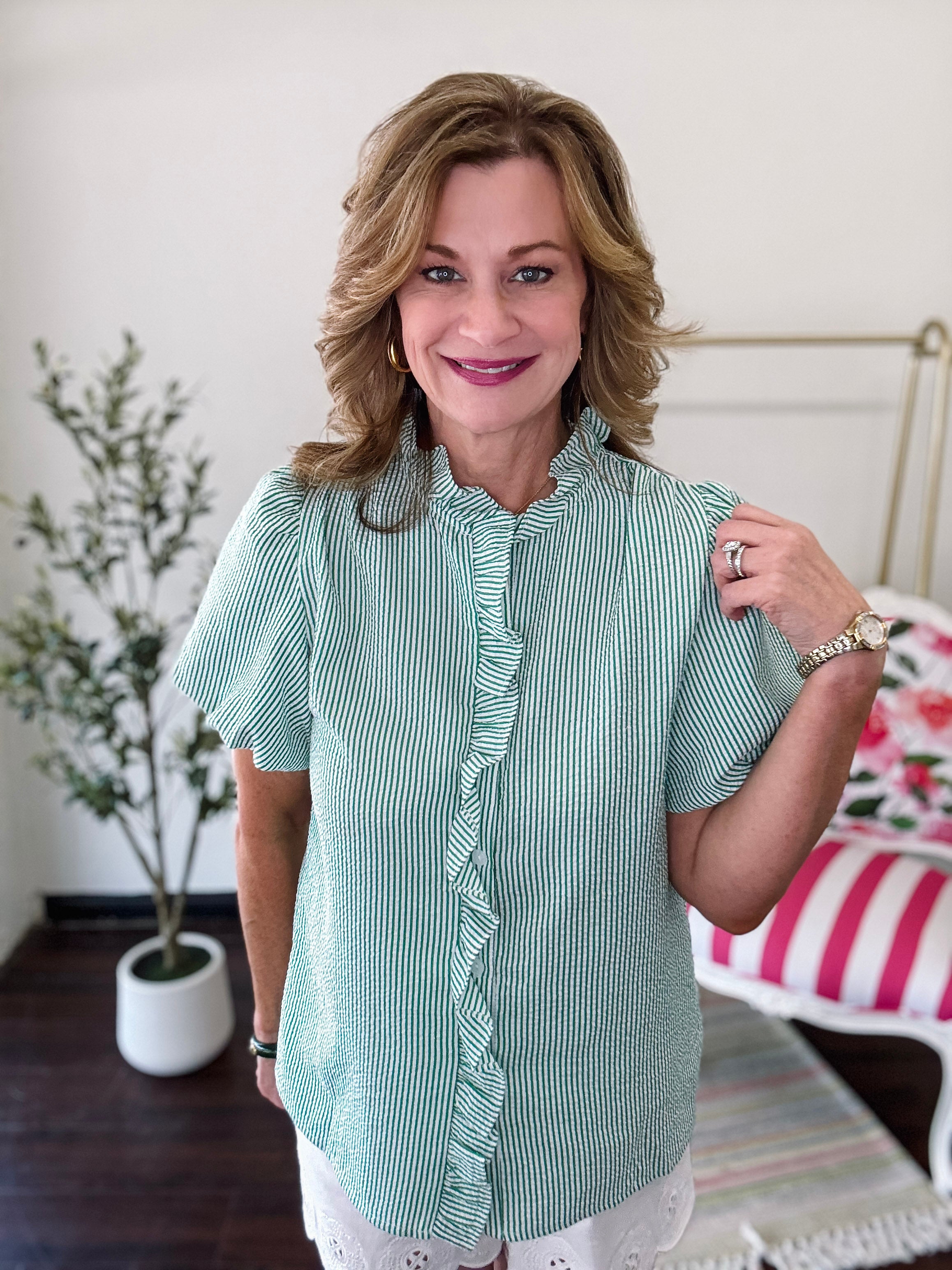 So Minty Stripe Ruffle Top- Green