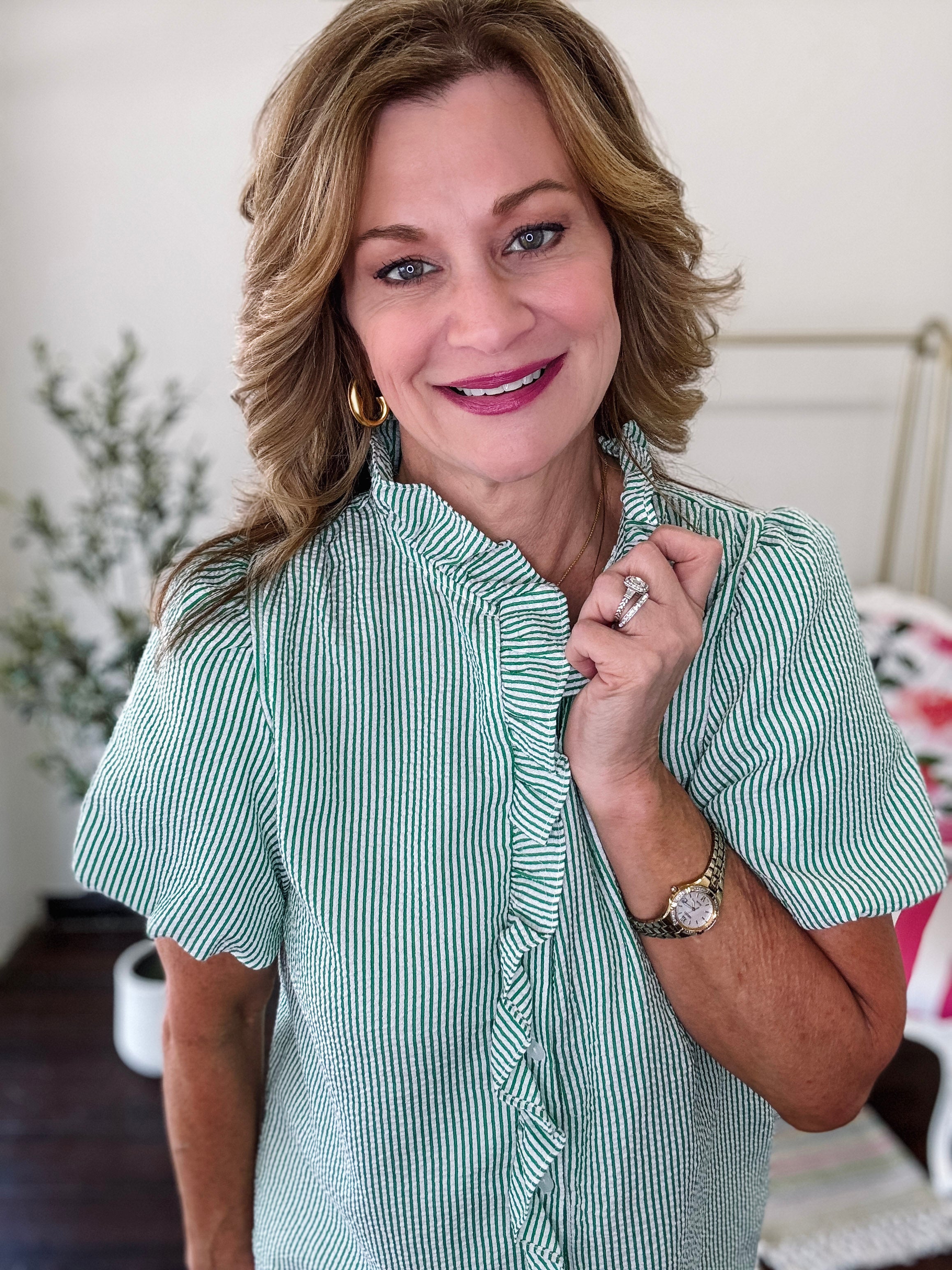 So Minty Stripe Ruffle Top- Green