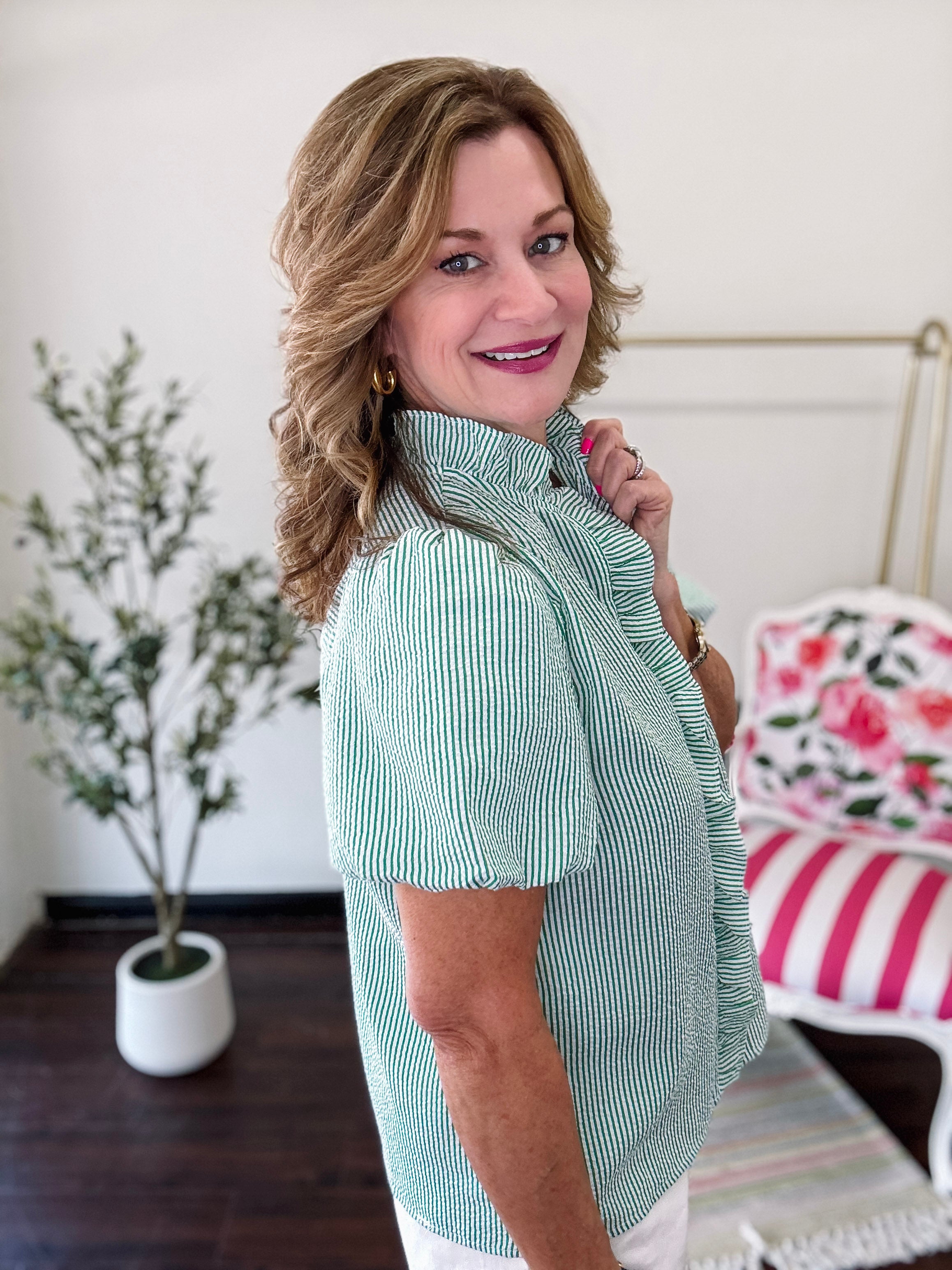 So Minty Stripe Ruffle Top- Green