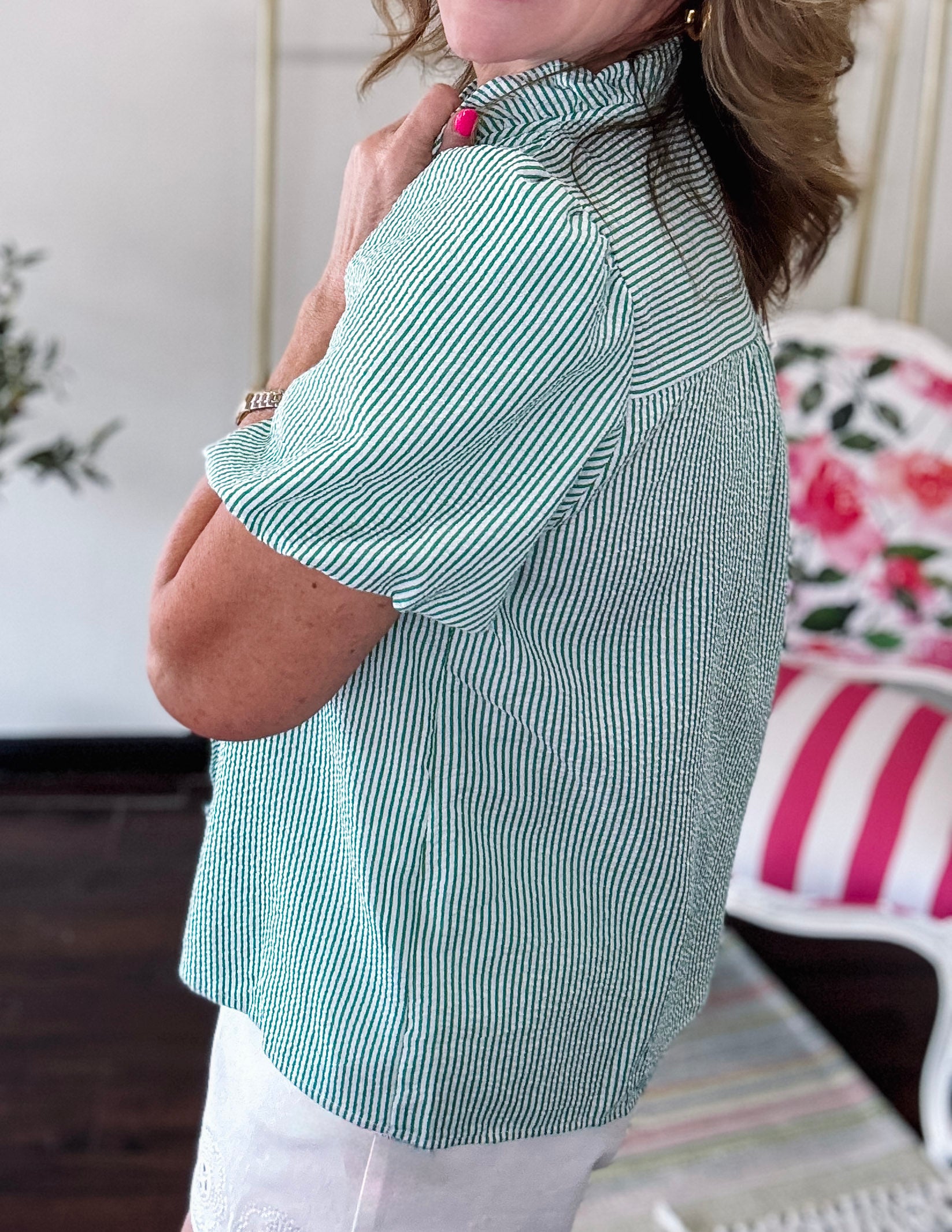 So Minty Stripe Ruffle Top- Green