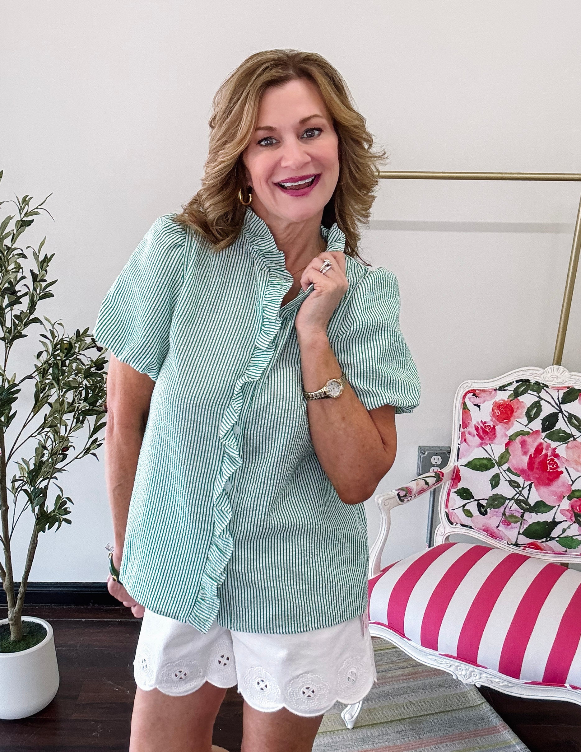 So Minty Stripe Ruffle Top- Green