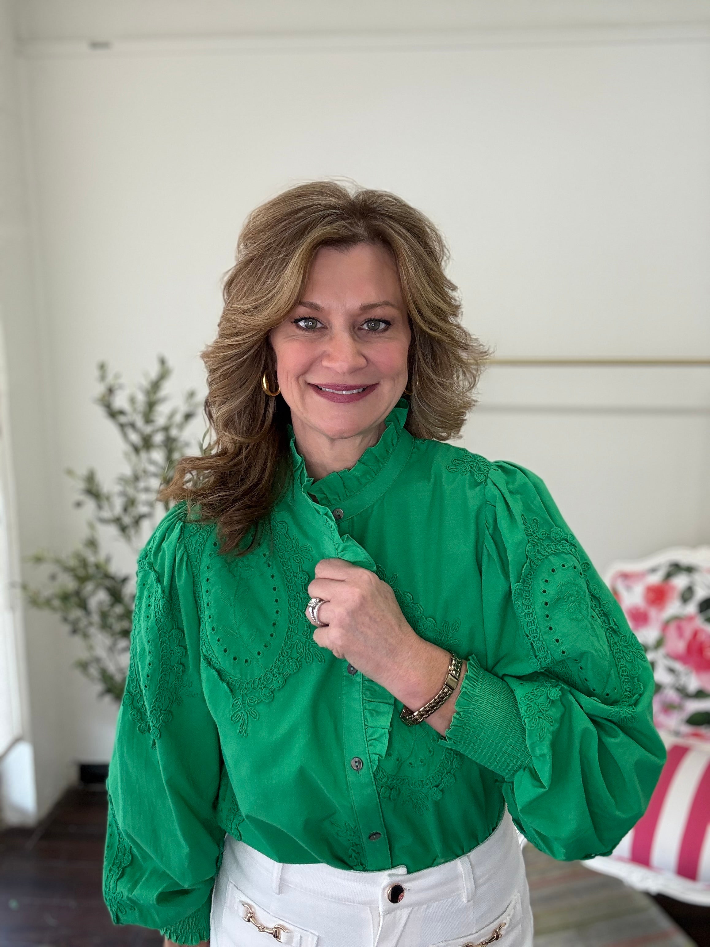 Grace Button Front Top- Green