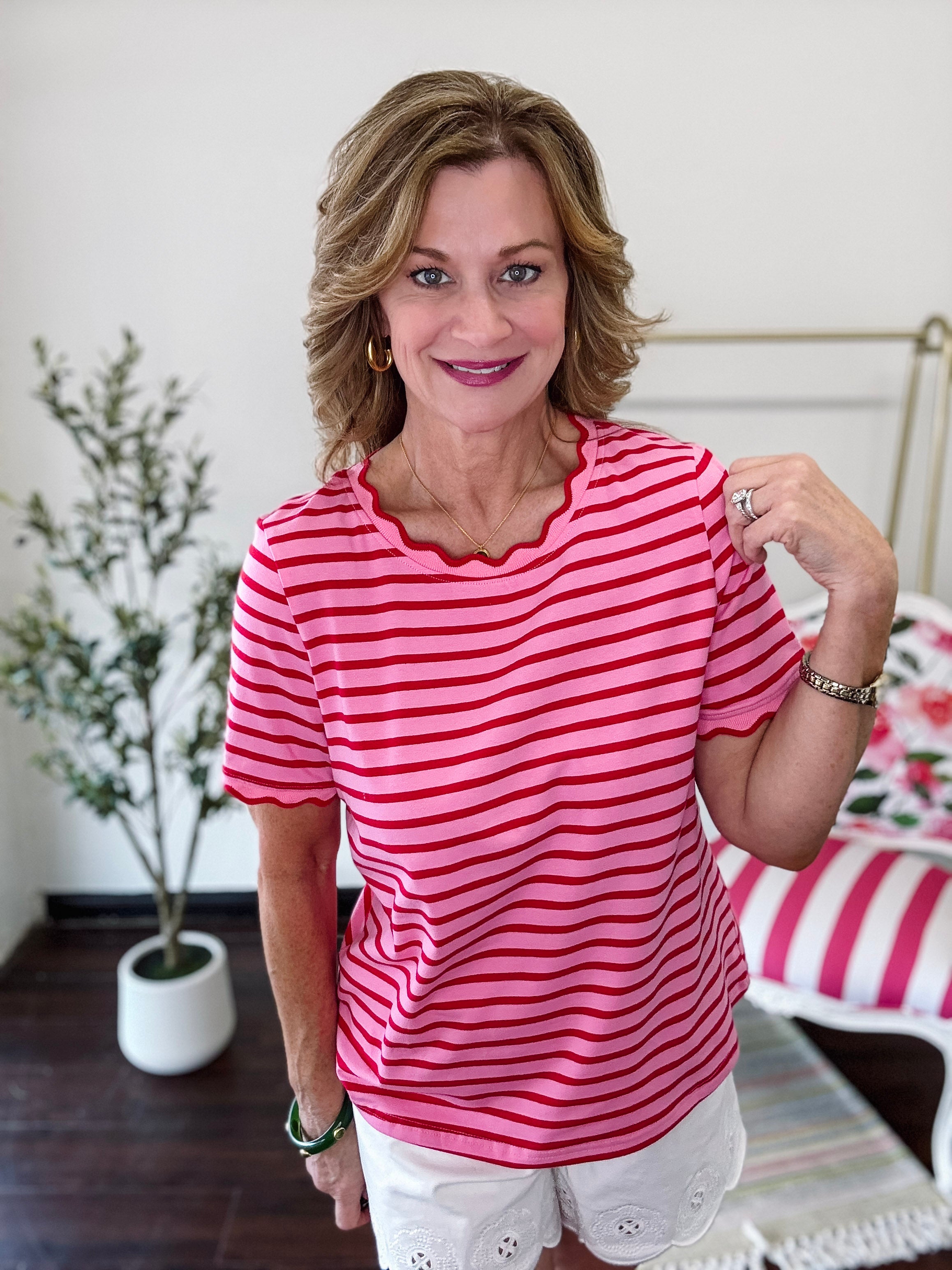 Rosie Stripe Scallop Tee- Pink